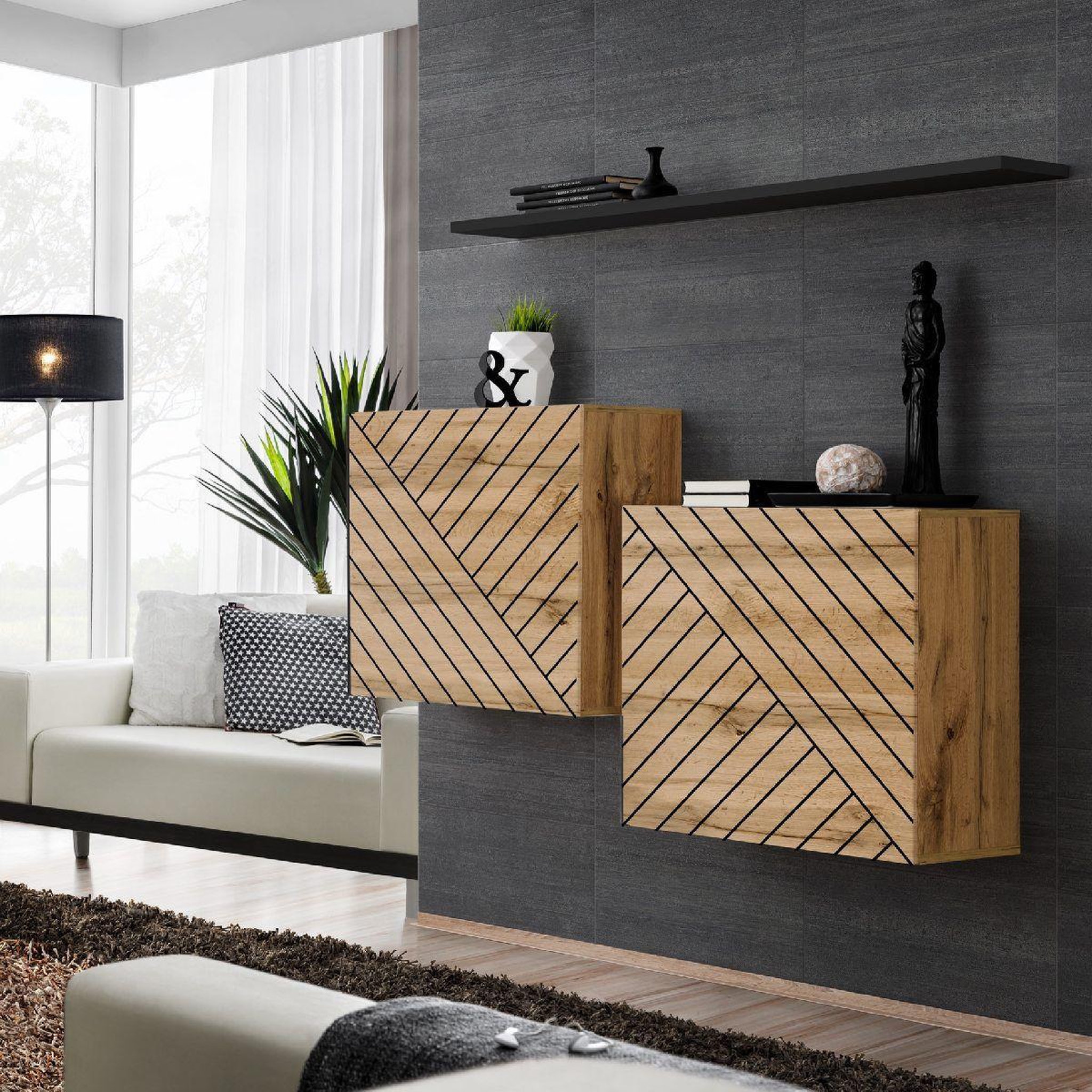 Paris Prix Lot de 2 blocs & étagère  switch sbi  130cm naturel rainuré & noir
