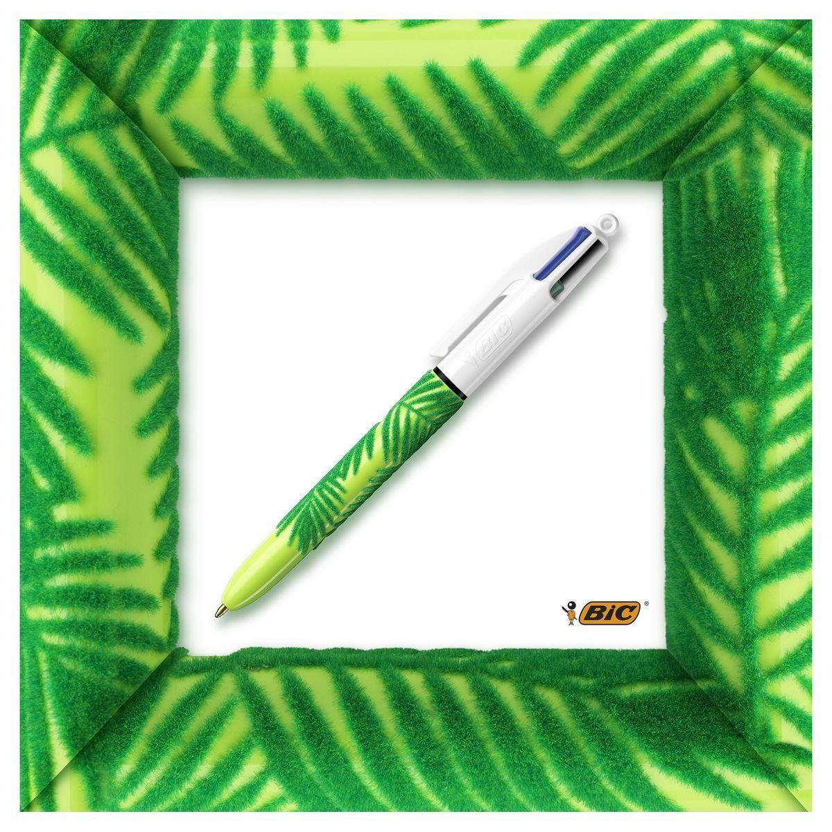 BIC Lot de 3 stylos bille 4 couleurs rétractable pointe moyenne Velours 1jaune/1bleu/1vert à motifs