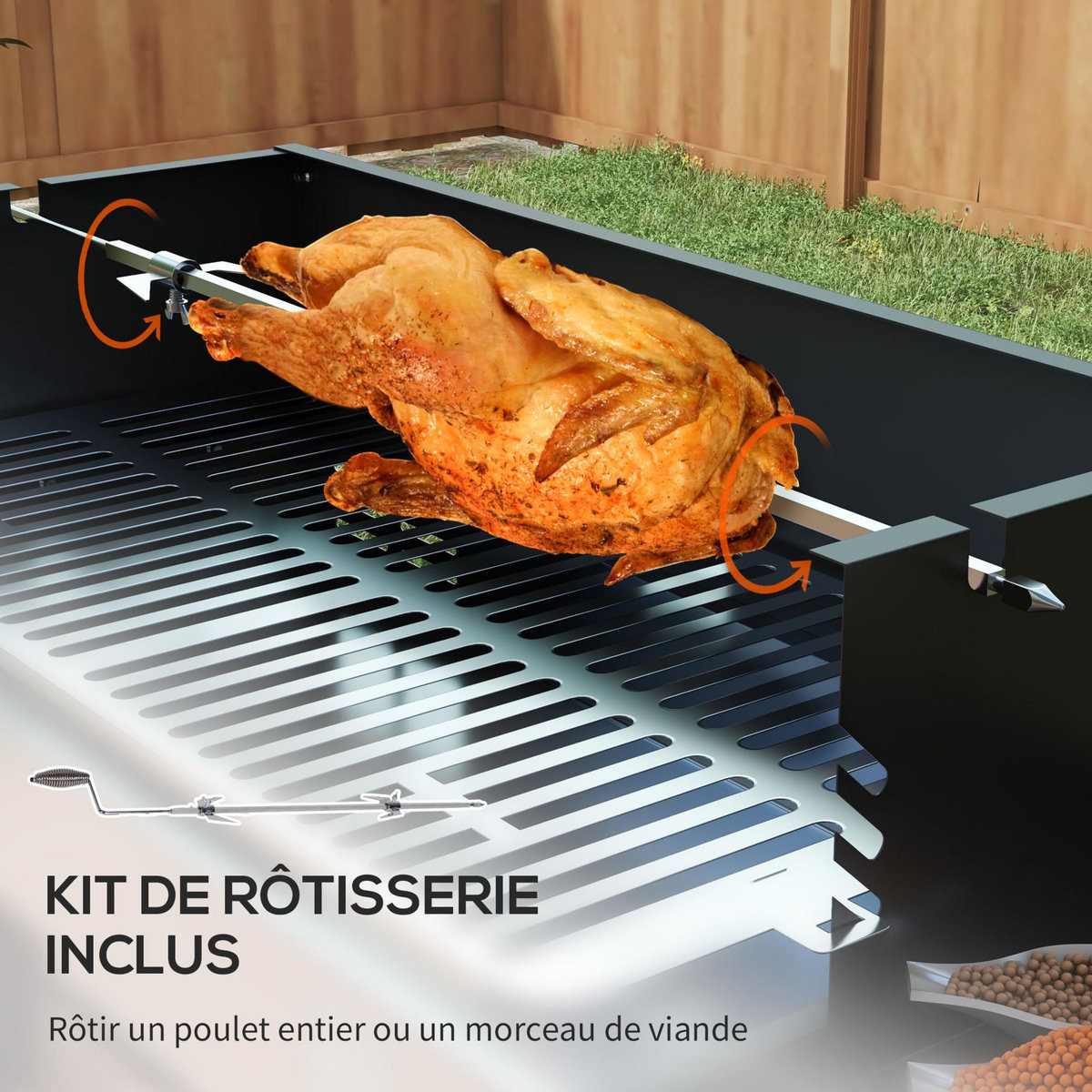 OUTSUNNY Barbecue charbon tourne broche grille - 2 tablettes latérales rabattables - acier inox noir
