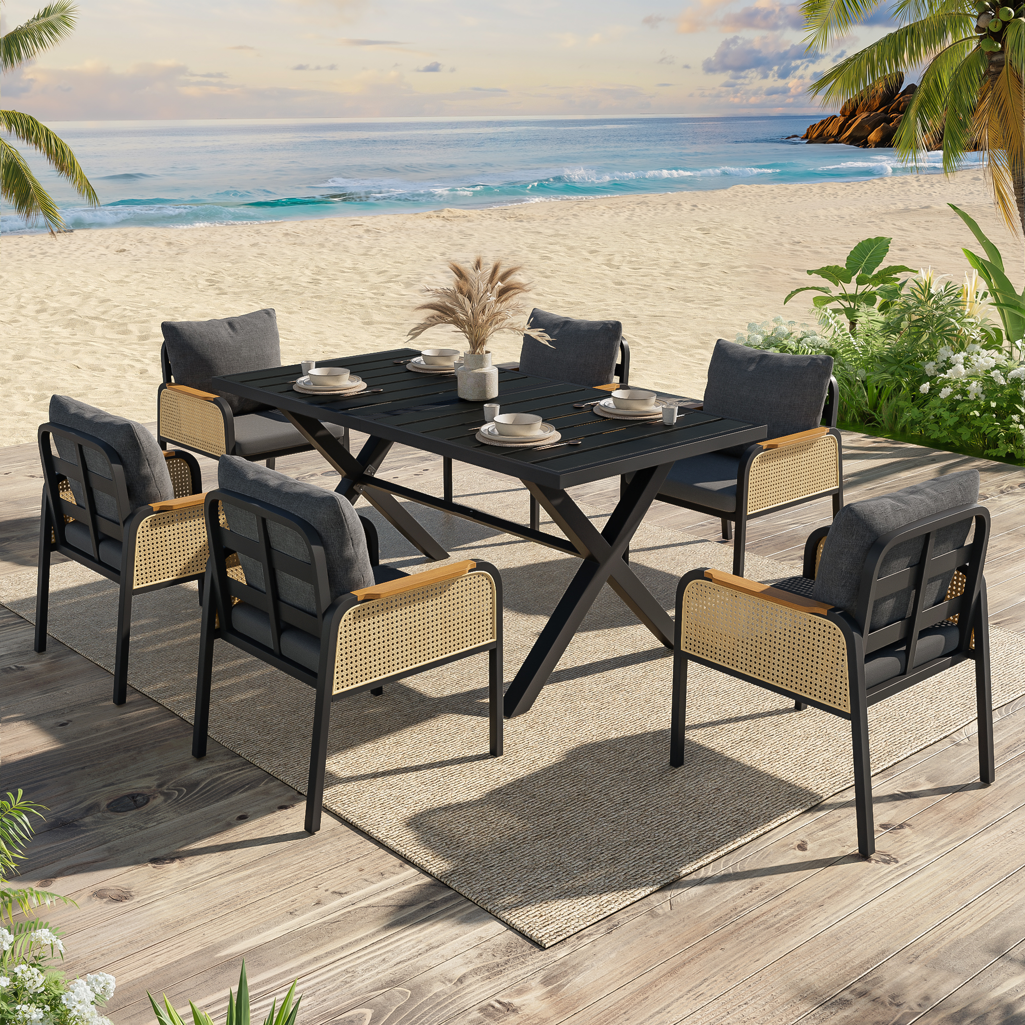 Voir la diapositive 5 : MERAX Salon de jardin 6 places en fer avec 1 table 6 chaises, noir  bois