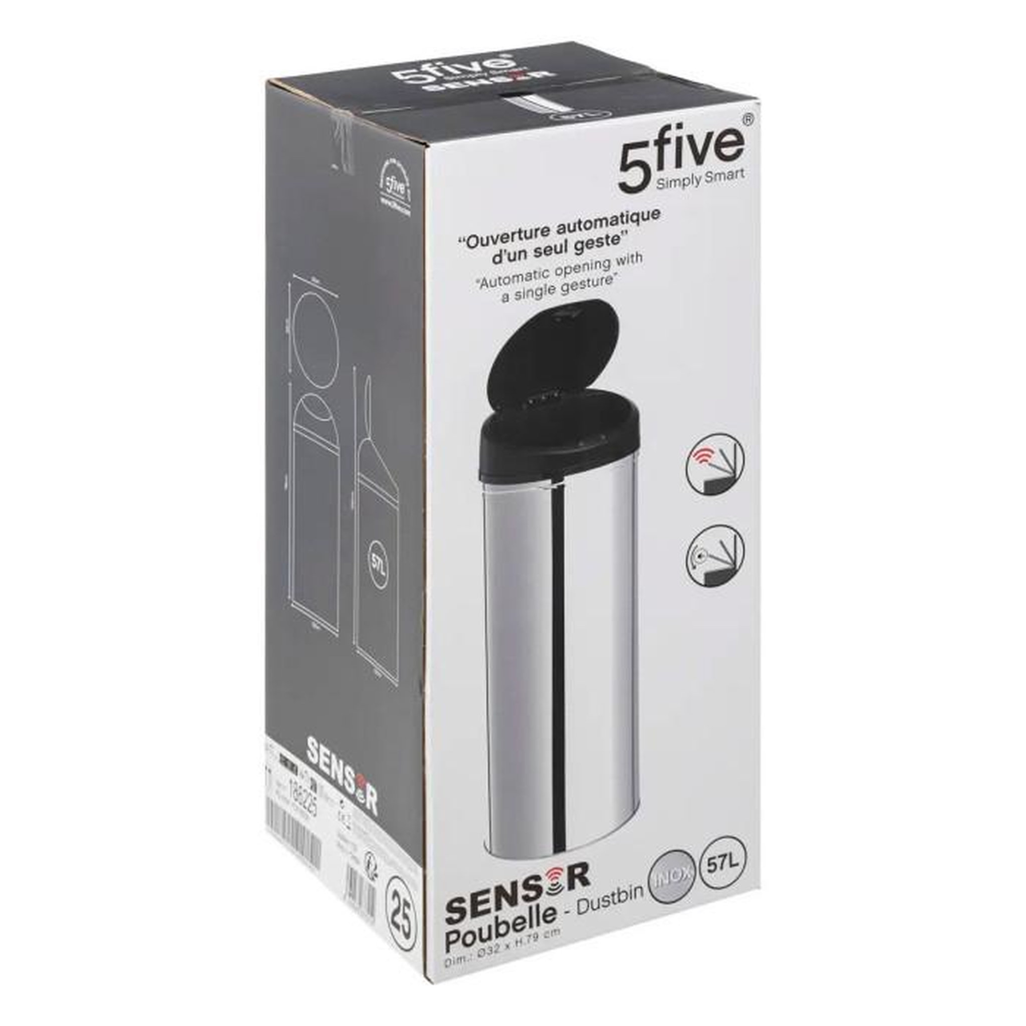 Voir la diapositive 2 : FIVE Poubelle de Cuisine en Métal  Sensor  57L Argent