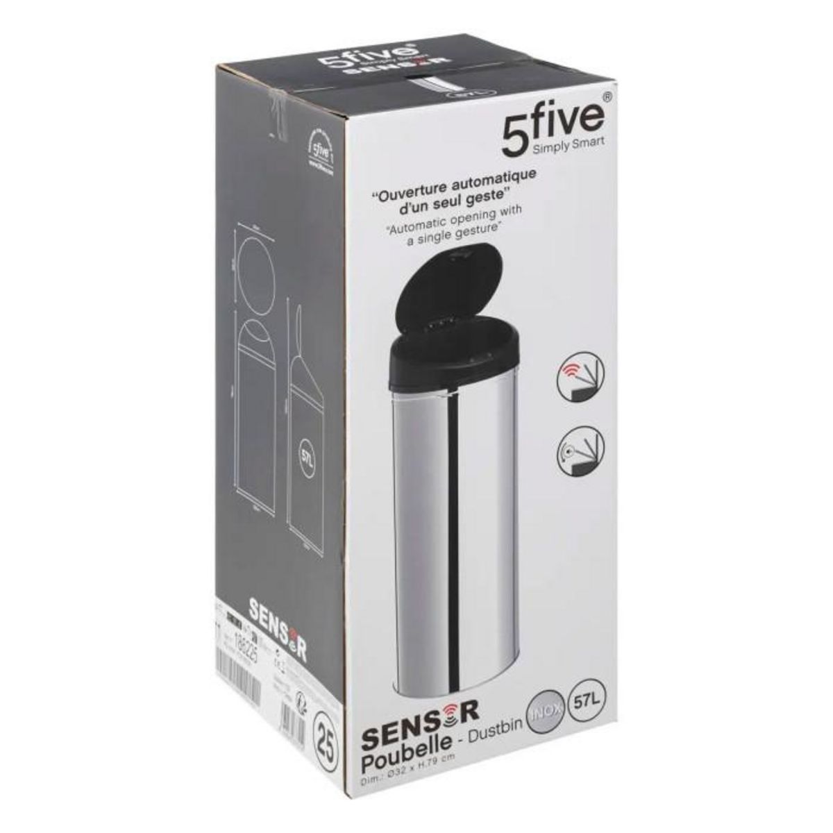 FIVE Poubelle de Cuisine en Métal  Sensor  57L Argent