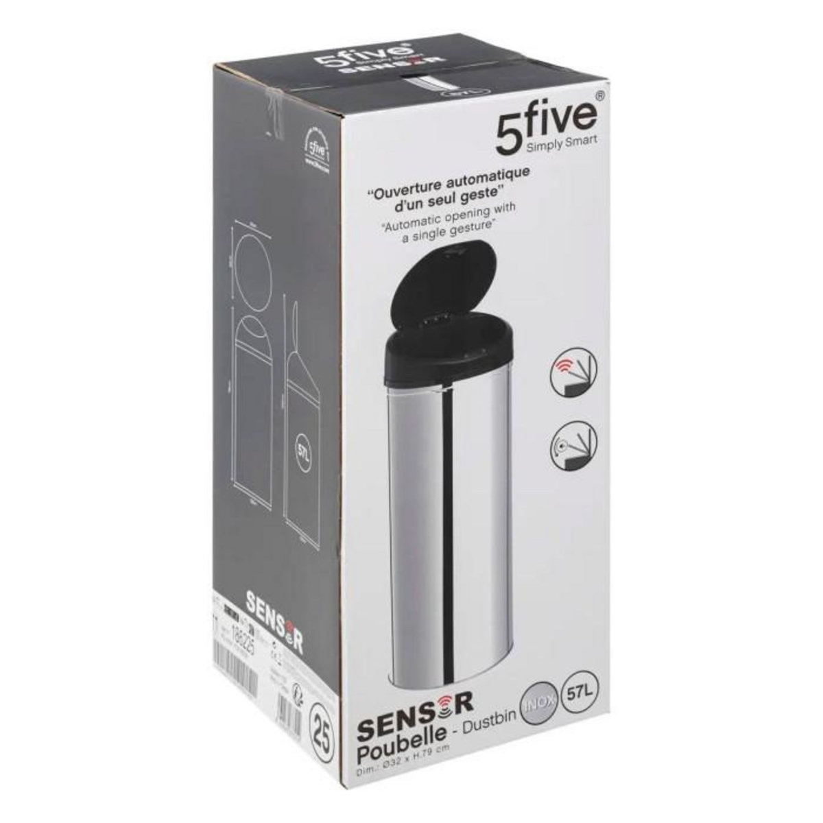 FIVE Poubelle de Cuisine en Métal  Sensor  57L Argent