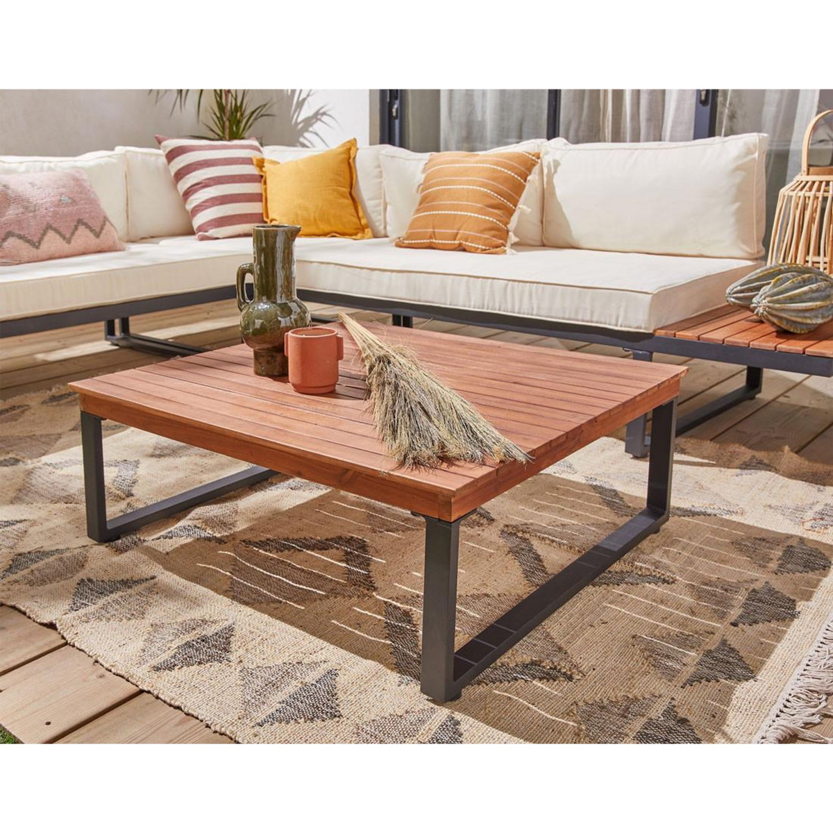 BEST MOBILIER Yulara - salon bas d'angle de jardin 5 places - bois, métal et coussins beiges