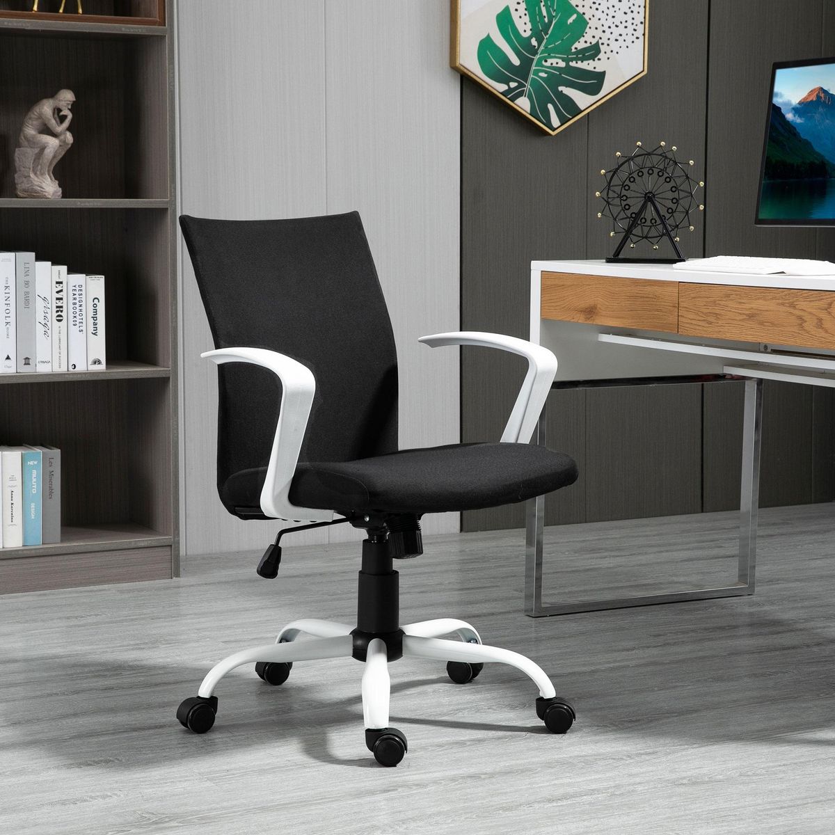 VINSETTO Chaise de bureau ergonomique hauteur réglable pivotante 360° piètement acier blanc lin noir