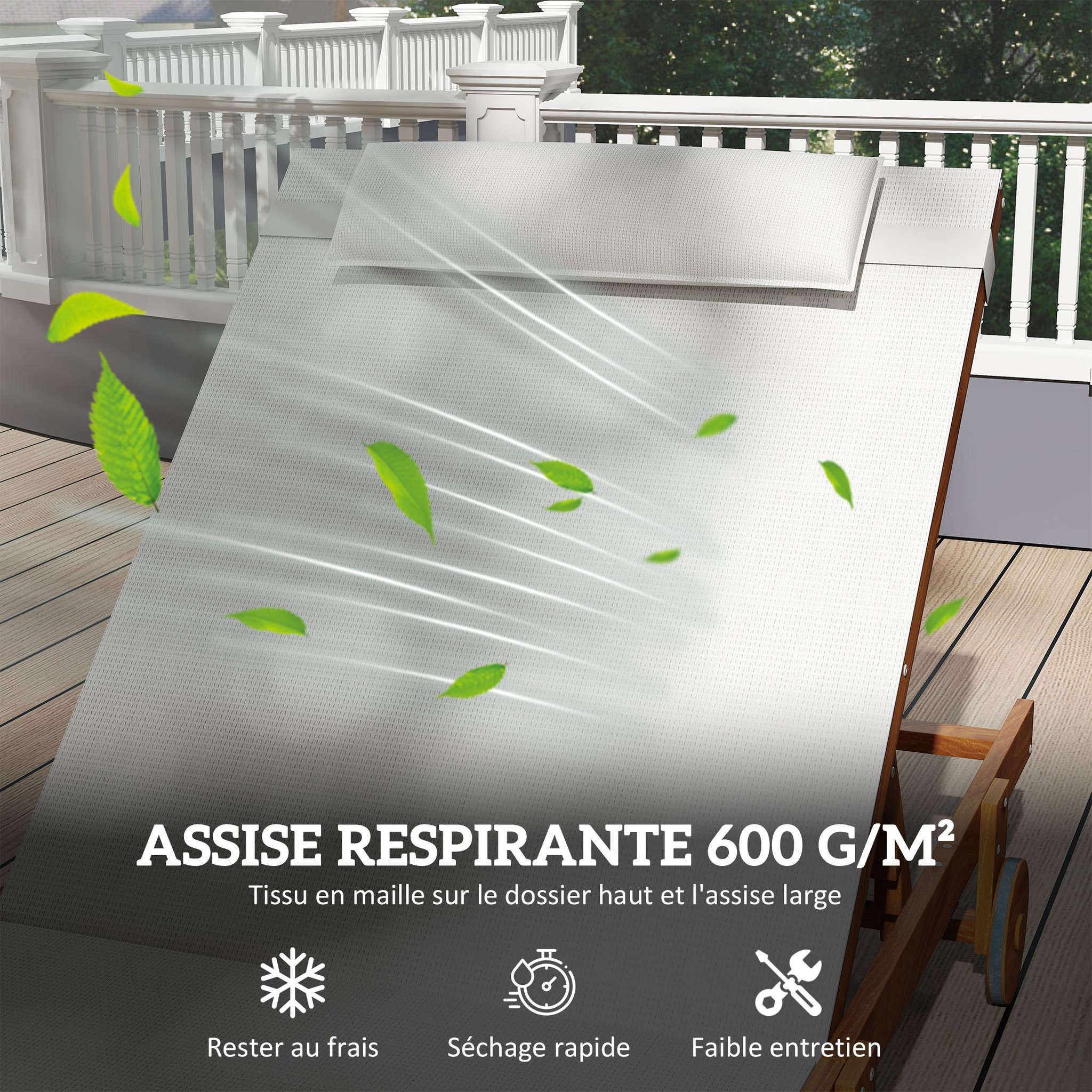 Voir la diapositive 6 : OUTSUNNY Bain de soleil style exotique bois avec 2 roues - inclinable, tétière - textilène blanc