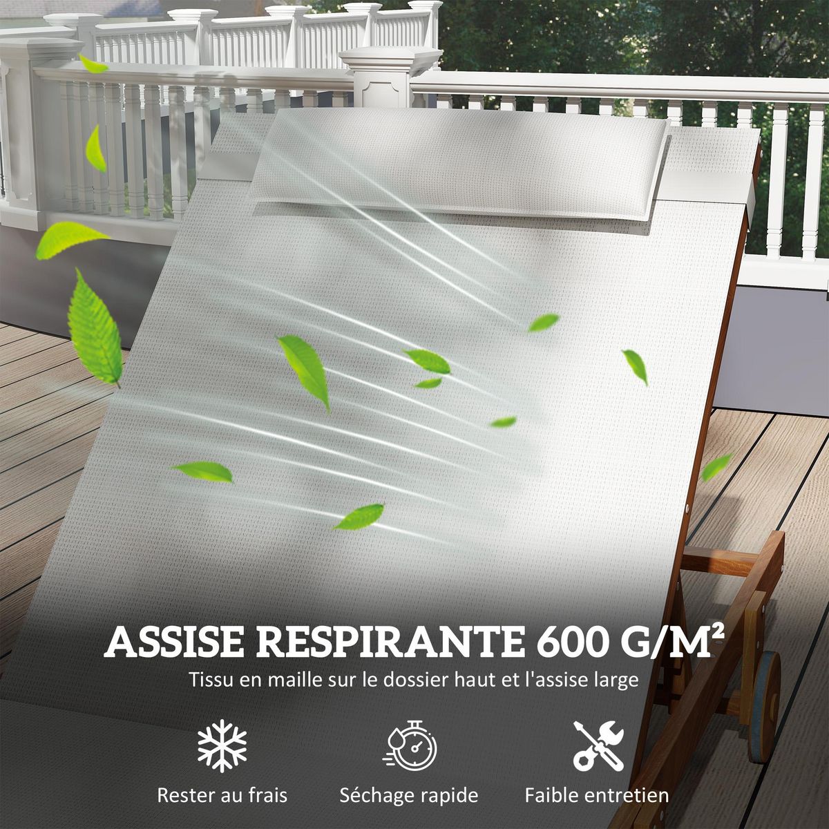 OUTSUNNY Bain de soleil style exotique bois avec 2 roues - inclinable, tétière - textilène blanc