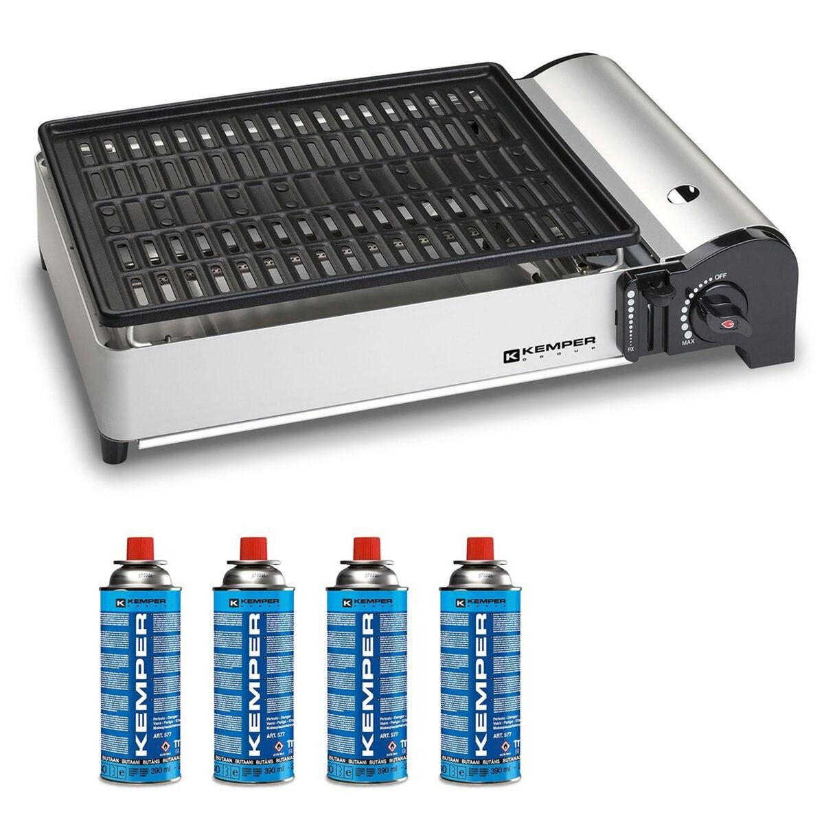 Kemper Barbecue à gaz 1900W Grille anti adhesive + 4 cartouches gaz camping KEMPER