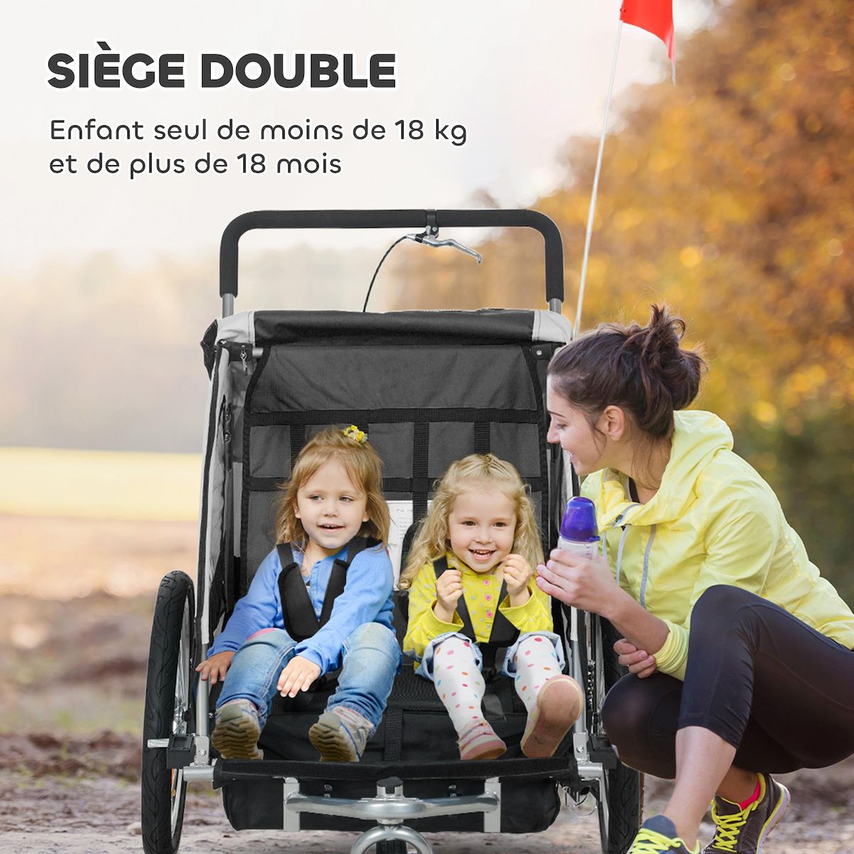 HOMCOM Remorque vélo jogger 2 en 1 enfant drapeau roue avant pivotante réflecteurs barre d'attelage inclus noir blanc