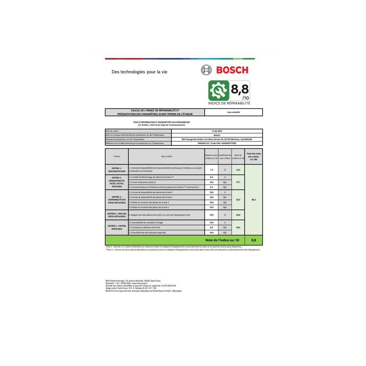 BOSCH Lave-vaisselle 60cm 14 couverts 40db - SMS6ZCI11F