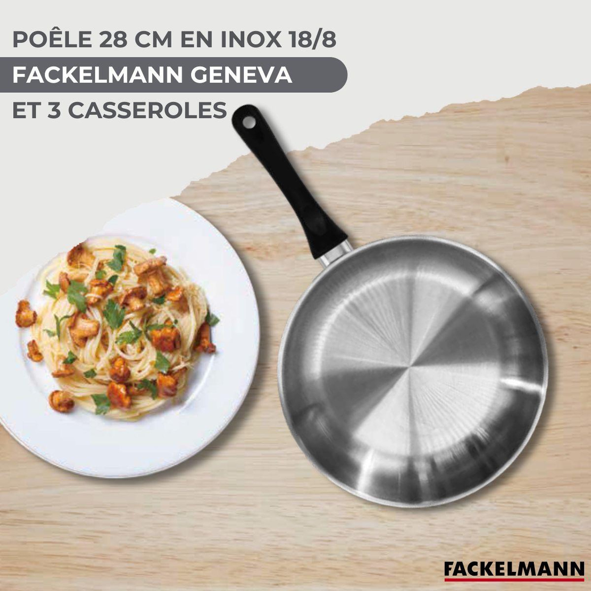 Voir la diapositive 2 : Fackelmann Set 1 poêle 28 cm 3 casseroles 12 16 et 20 cm en inox et 6 ustensiles fackelmann geneva