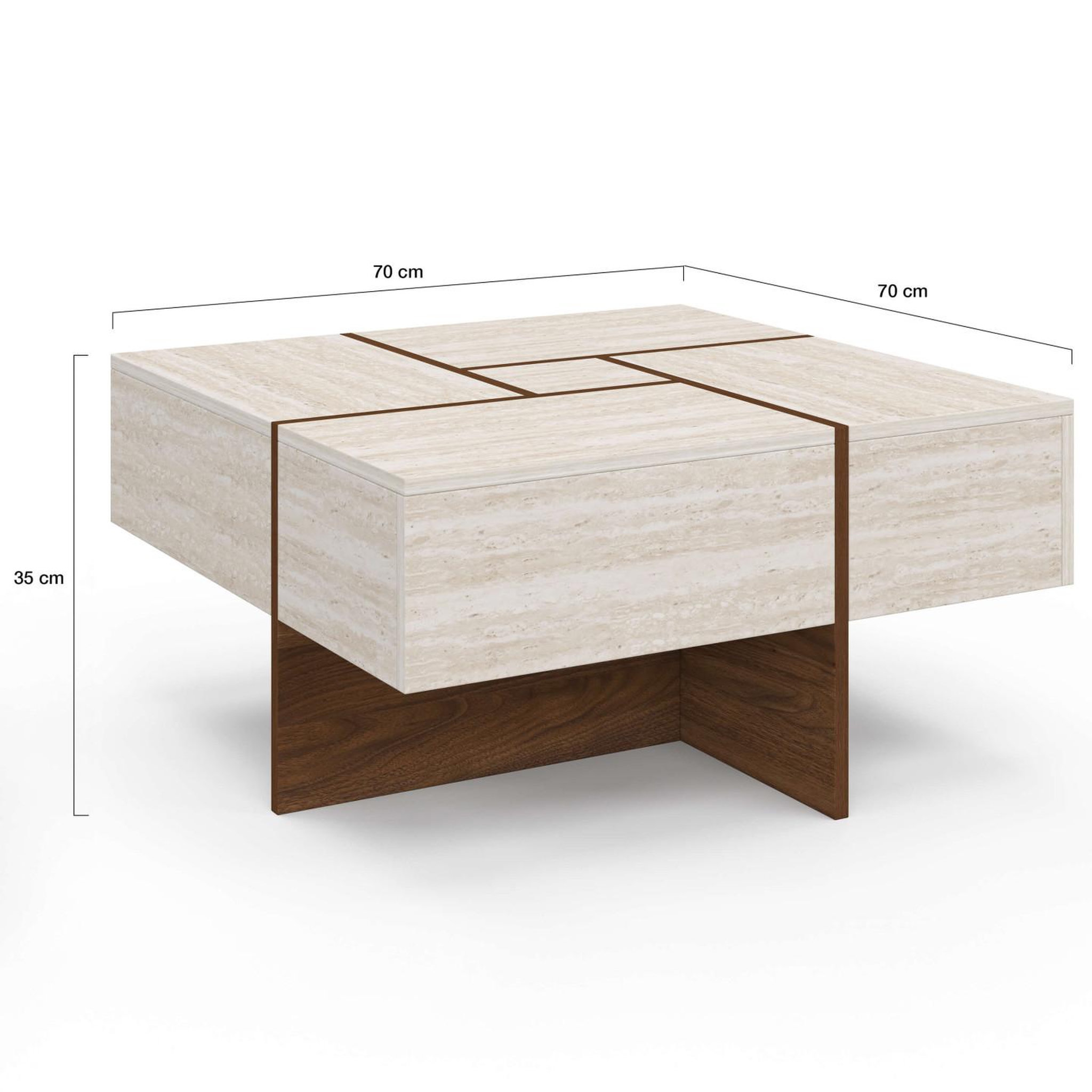 Voir la diapositive 5 : ID MARKET Table basse carrée talia 70 cm avec tiroirs bois effet noyer et plateau travertin