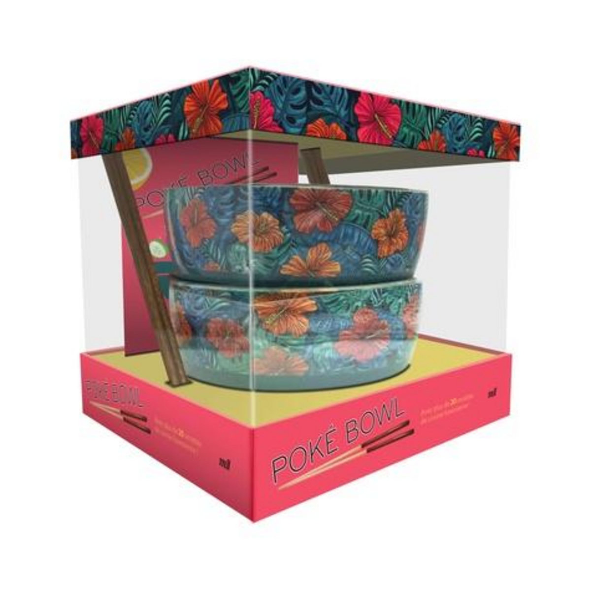 POKE BOWL, AVEC PLUS DE 30 RECETTES DE CUISINE HAWAIENNE ! AVEC 2 BOLS EN CERAMIQUE, 2 PAIRES DE BAGUETTE EN BOIS ET 1 LIVRE DE 80 PAGES, Merci les livres