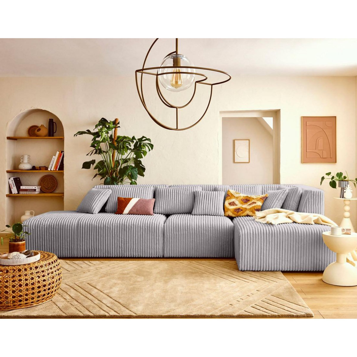 LISA DESIGN Victoire - canapé modulable d'angle droit 5 places en velours côtelé grosses côtes