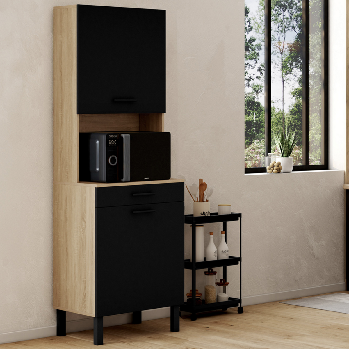 ID MARKET Buffet de cuisine 60 CM CINA 2 portes + tiroir façon hêtre et noir