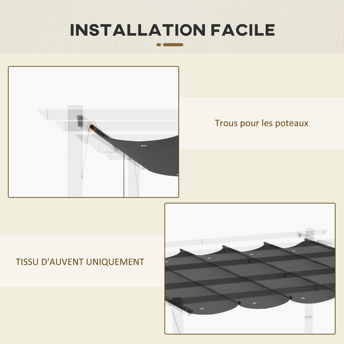OUTSUNNY Toile de rechange pour pergola rétractable 3 x 3 m polyester haute densité 180 g/m² imperméabilisé gris