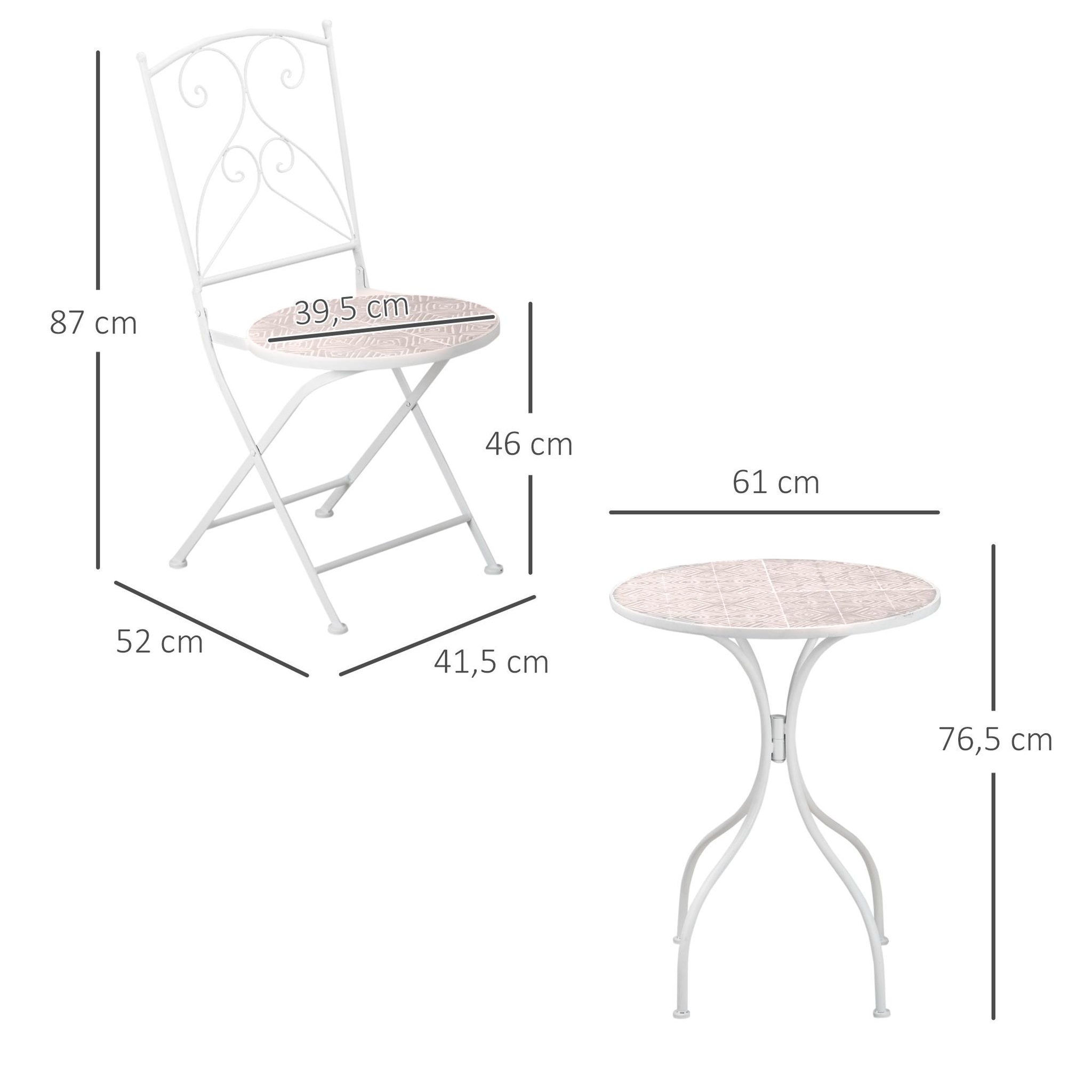 Voir la diapositive 3 : OUTSUNNY Ensemble de jardin bistro 3 pièces 2 chaises pliantes et table ronde - métal époxy, plateau mosaïque - blanc