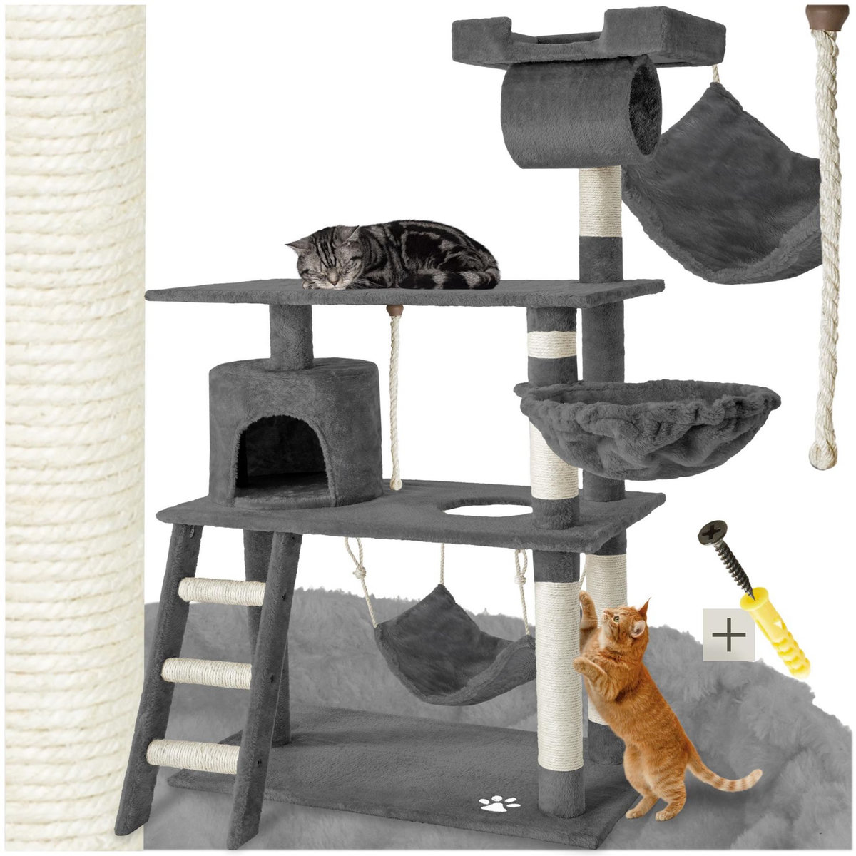 tectake Arbre à chat 141 cm avec griffoir et plateforme d'escalade gris