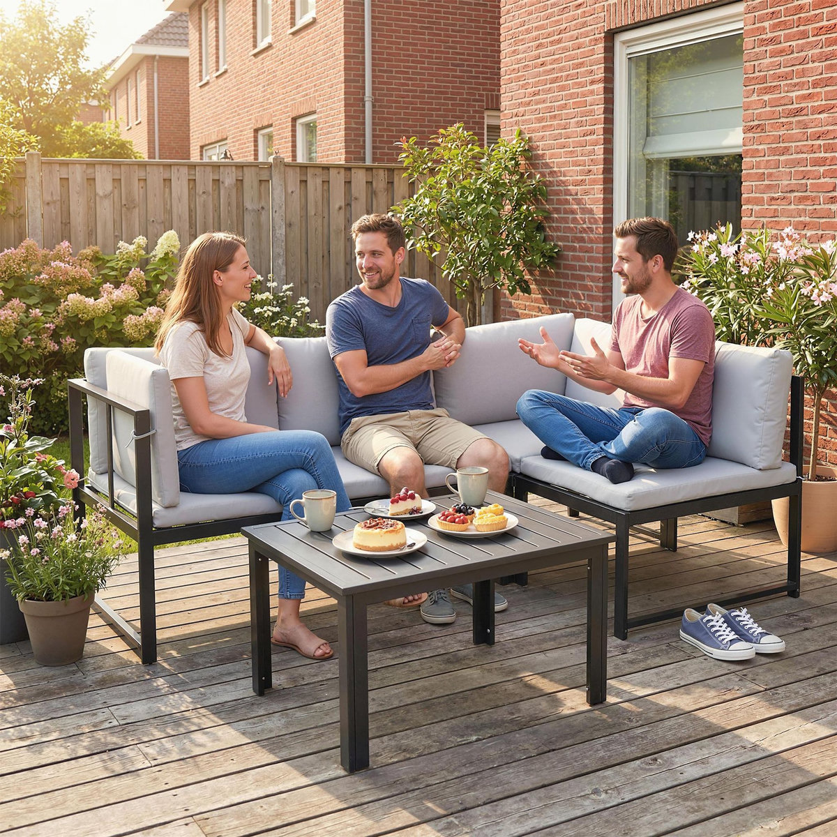 OUTSUNNY Salon de jardin d'angle design 3 places 3 pièces avec coussins gris