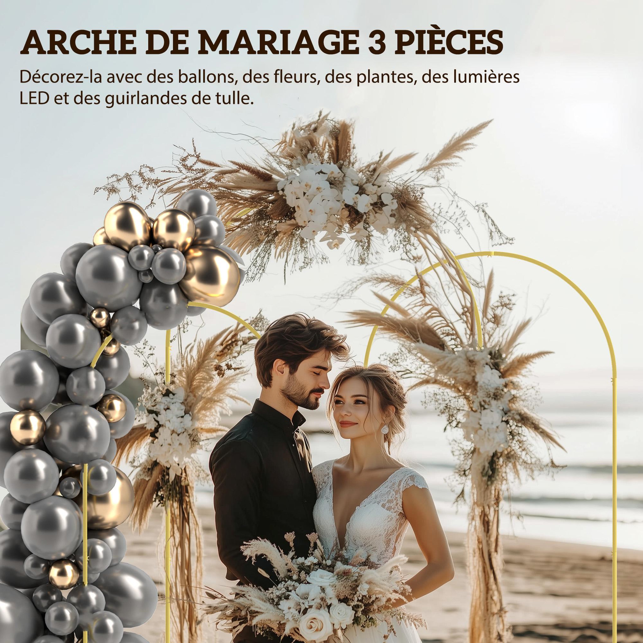 Voir la diapositive 5 : OUTSUNNY Arches décoratives - lot de 3 arches de mariage - arches de ballon - dim. 120L x 40l x 220H cm - métal doré
