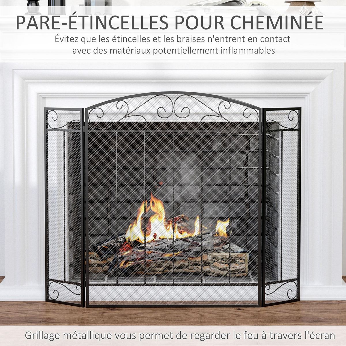 HOMCOM Grille de protection pour cheminée - pare-feu large pour cheminée ou poêle - pare-étincelles - barrière de sécurité - 3 volets pliables - acier métal noir