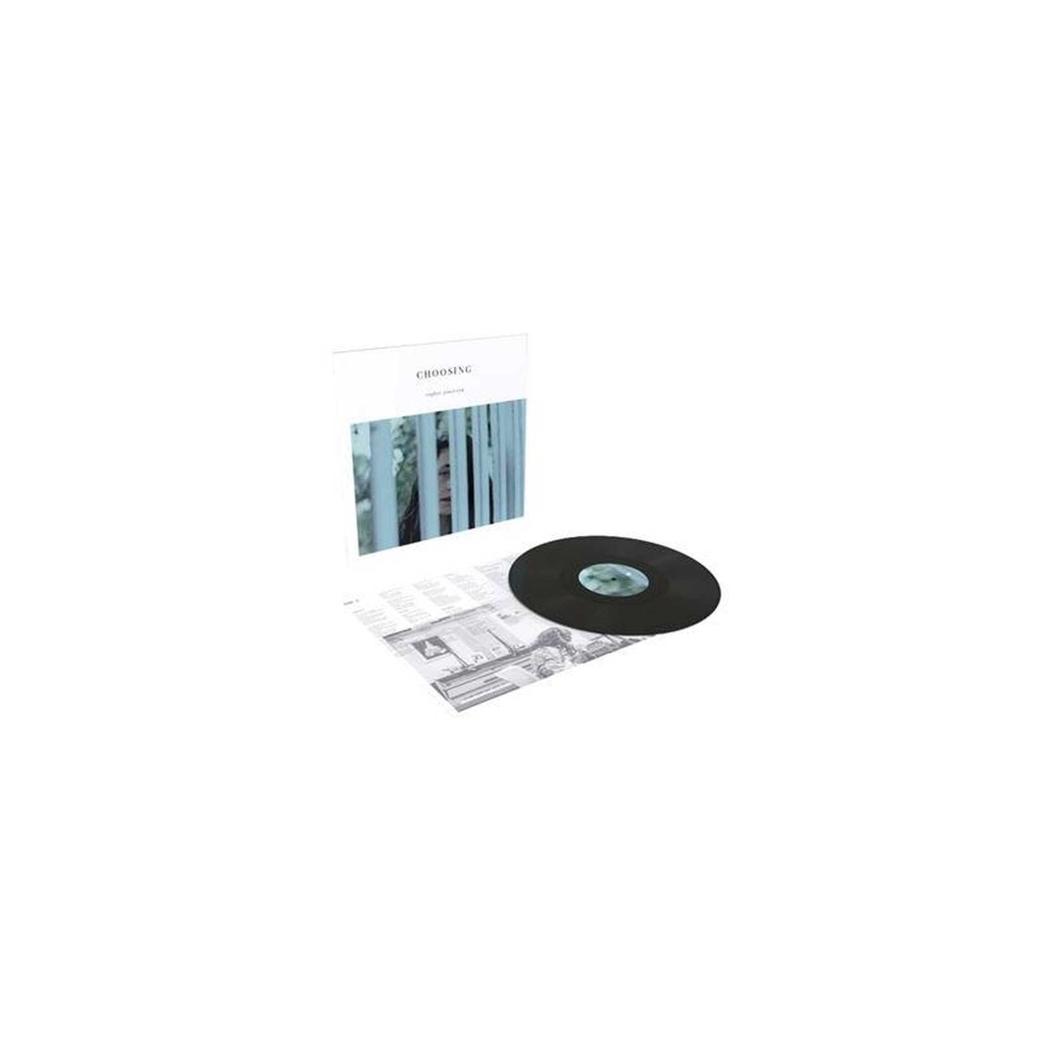 Vinyle “choosing” noir, pochette design blanc et photo, feuillets imprimés et livret petit format