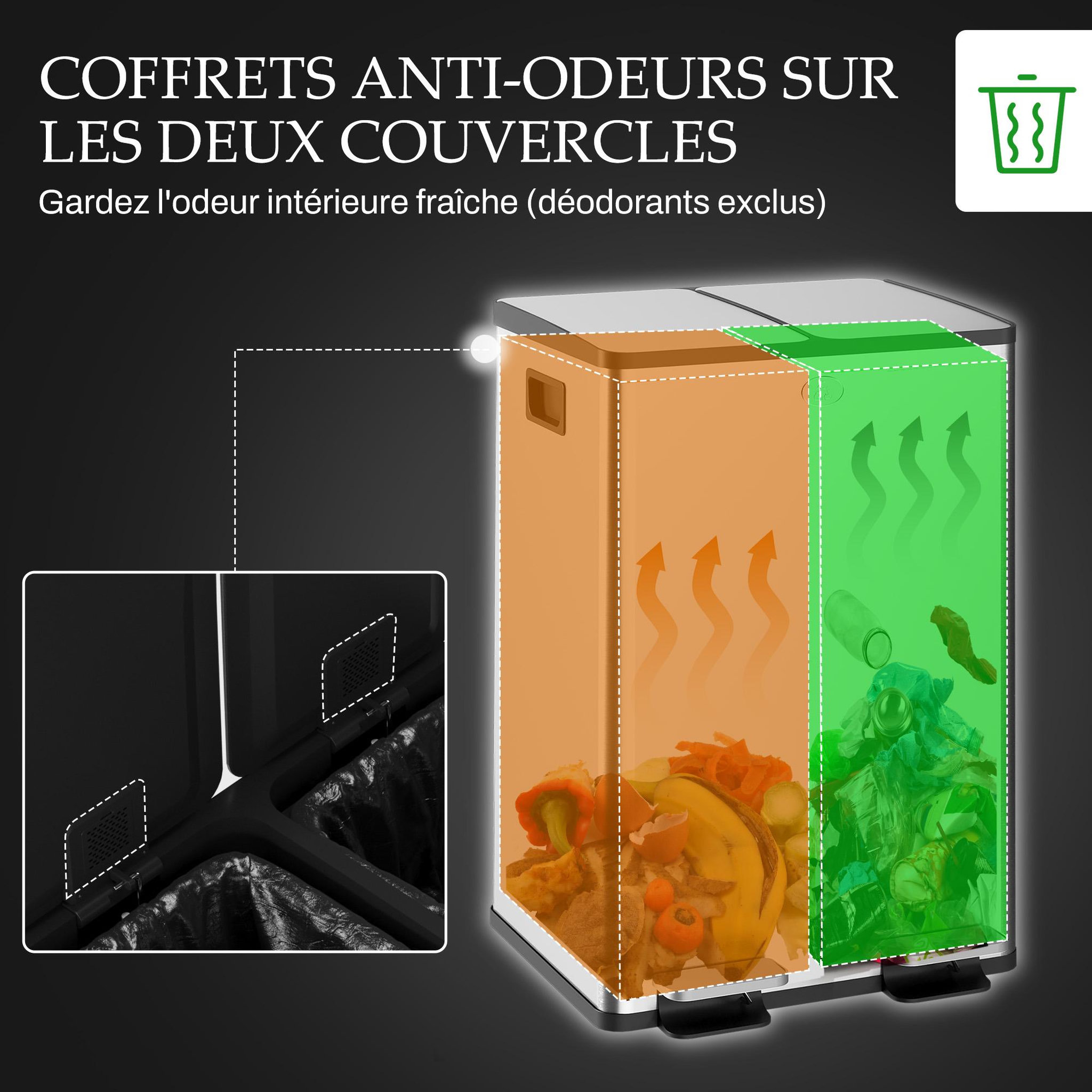 Voir la diapositive 5 : HOMCOM Poubelle de cuisine tri selectif 2 x 28l - poubelle à pédales - acier inox