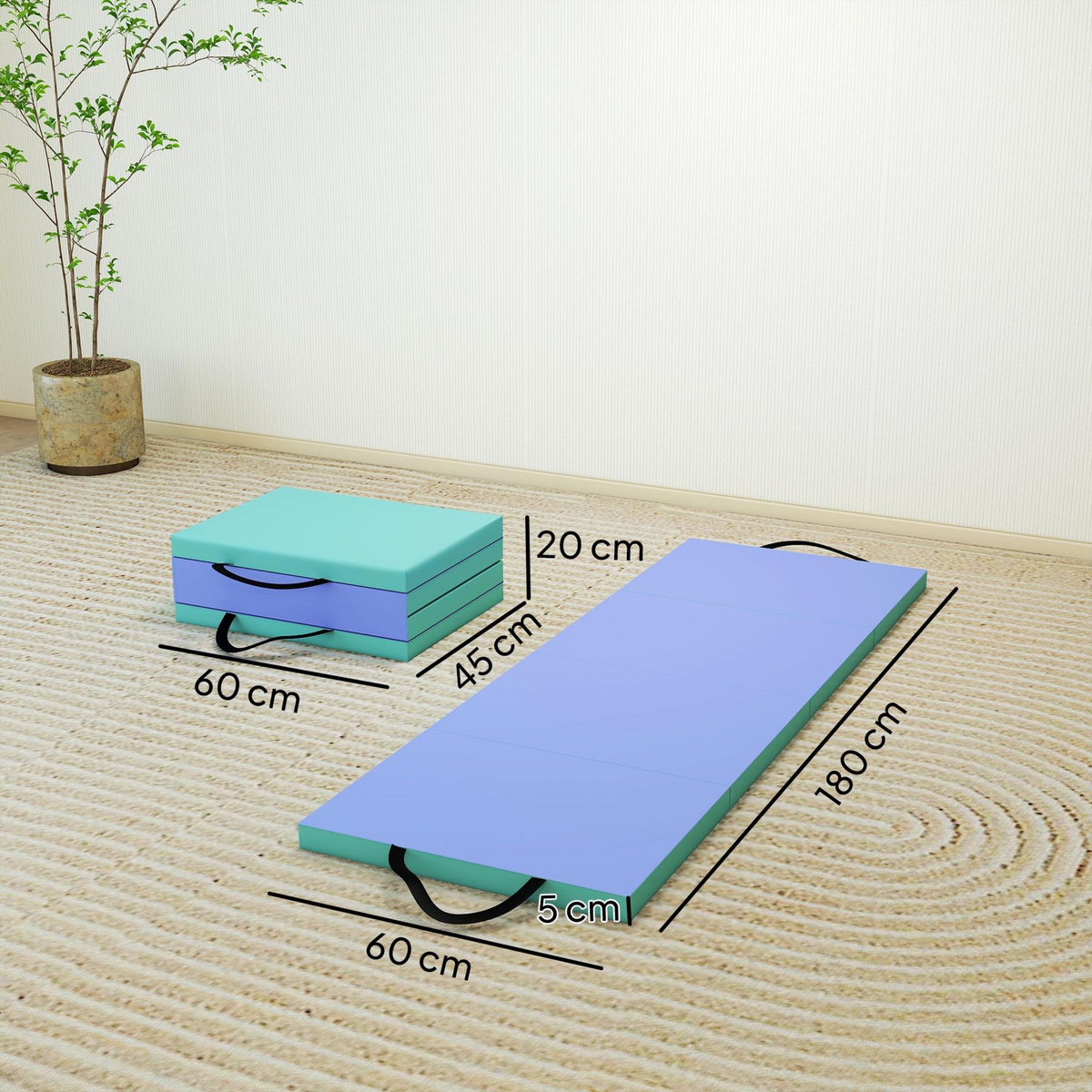 HOMCOM Tapis de gymnastique pliable portable, tapis de sport épais en 4 parties avec poignées de transport, pour yoga, fitness, étirement, 180 x 60 x 5 cm, vert et violet