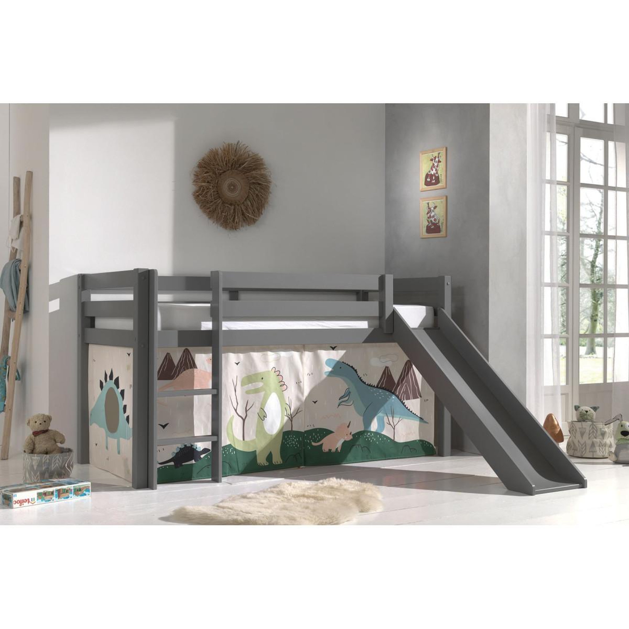 Voir la diapositive 2 : Paris Prix Lit Enfant Surélevé Avec Toboggan  Pino Dino  90x200cm Gris
