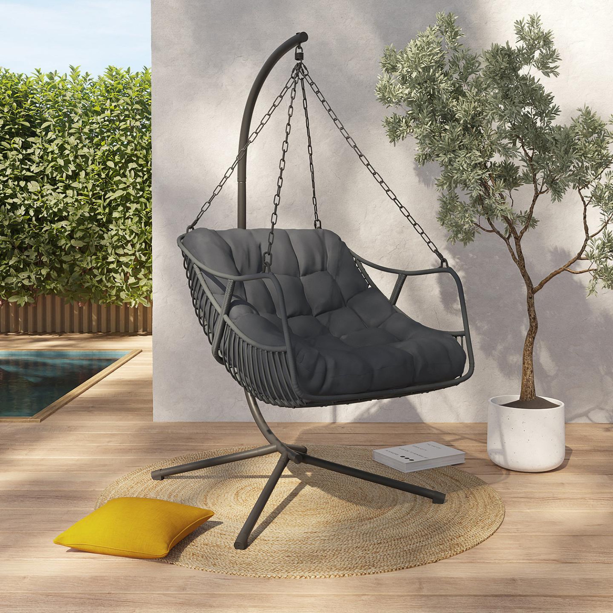 Voir la diapositive 2 : ID MARKET Fauteuil suspendu relax loa ajouré effet rotin gris avec coussin gris