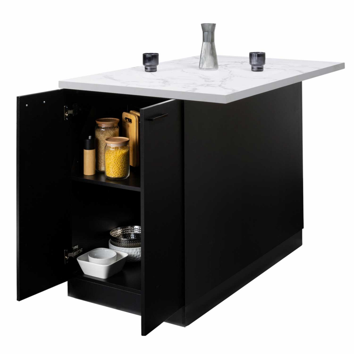 ID MARKET Ilot central IVO 120 cm bois noir avec plan de travail effet marbre ALASKA