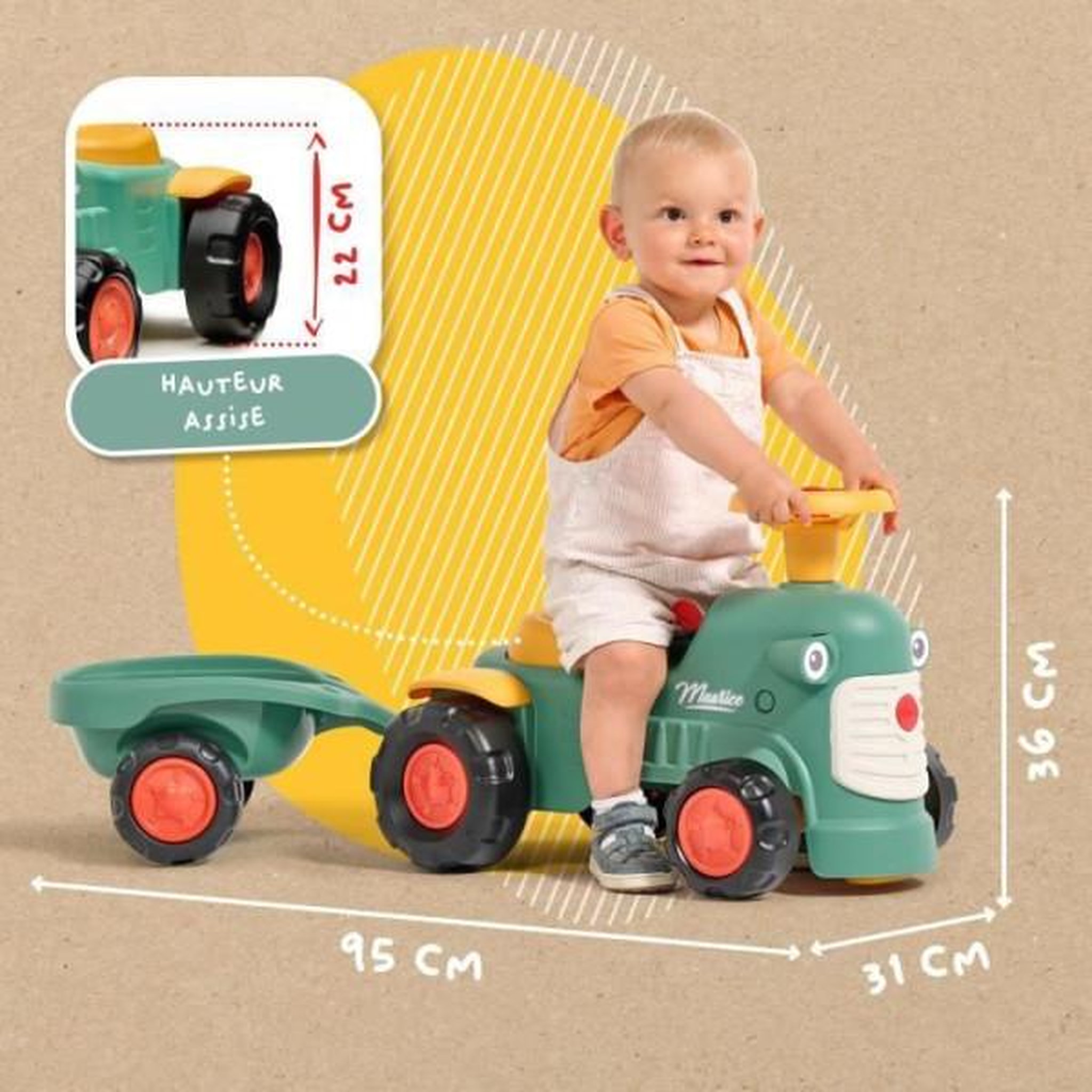 Voir la diapositive 5 : FALK Porteur Trotteur  tracteur Maurice - FALK - Volant directionnel et remorque - 100% Fabriqué en France - 90% de plastique recyclé - Des 1