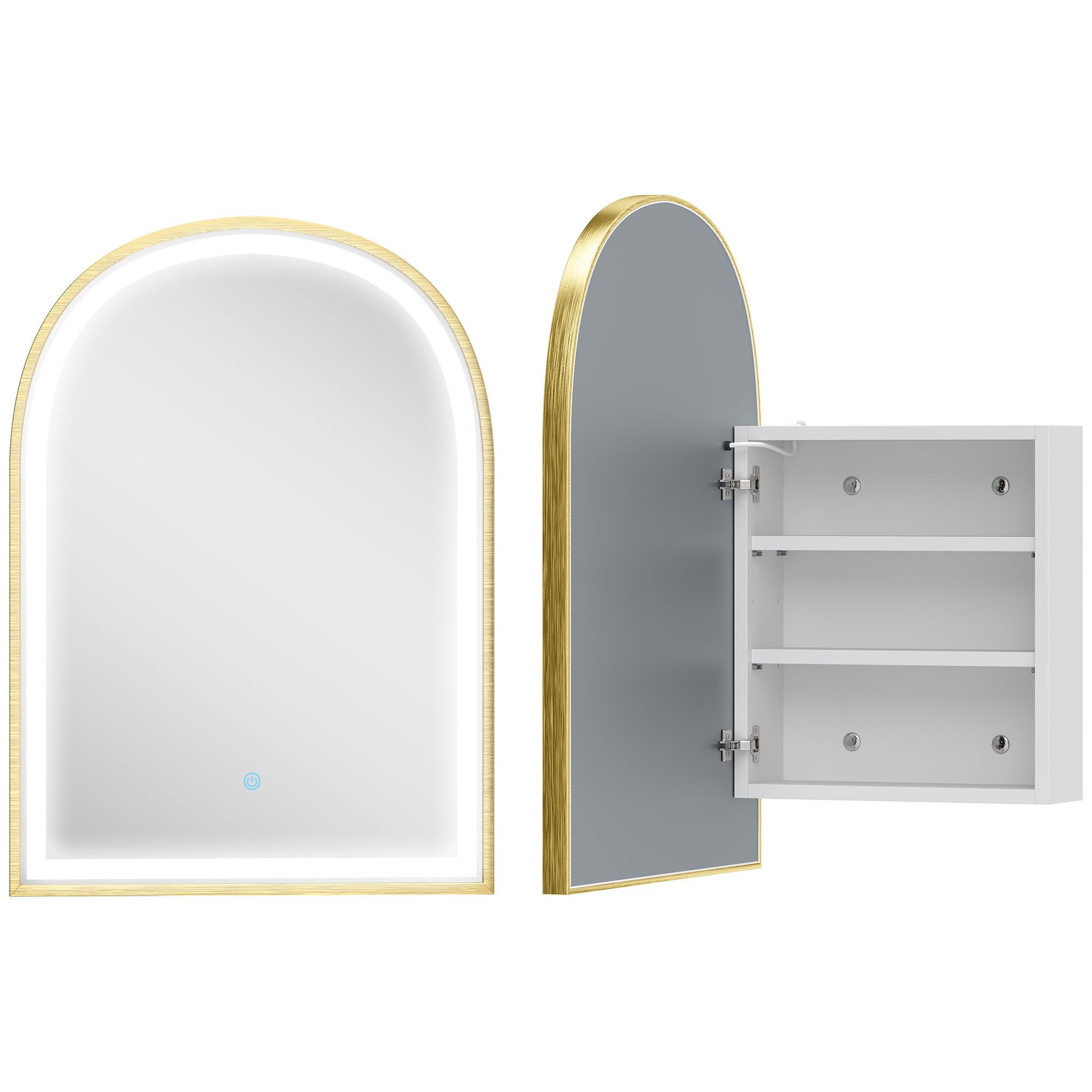 HOMCOM Armoire miroir led réglable salle de bain design arche alu brossé doré 2 étagères