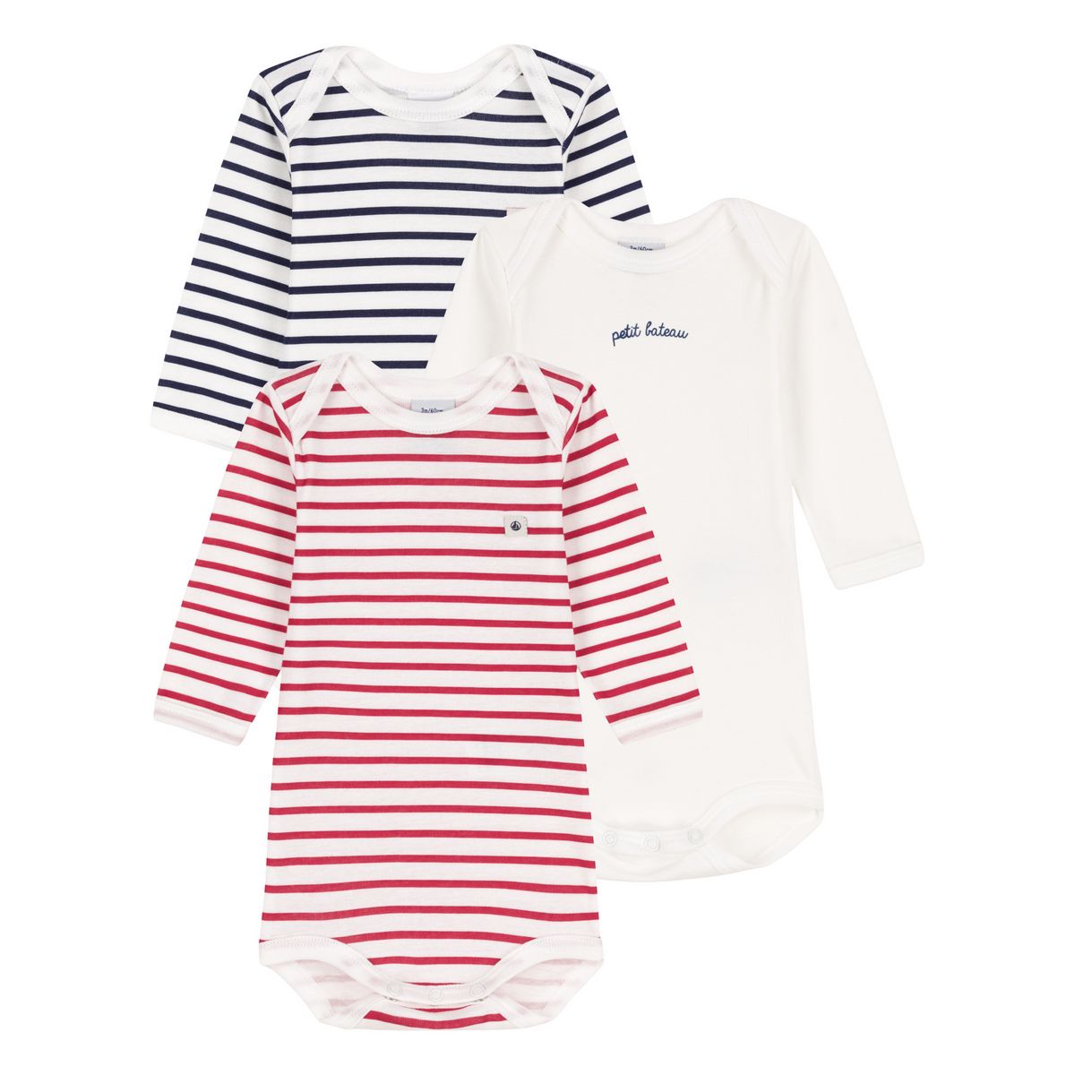 PETIT BATEAU Lot de 3 bodies manches longues mariniéres bébé 