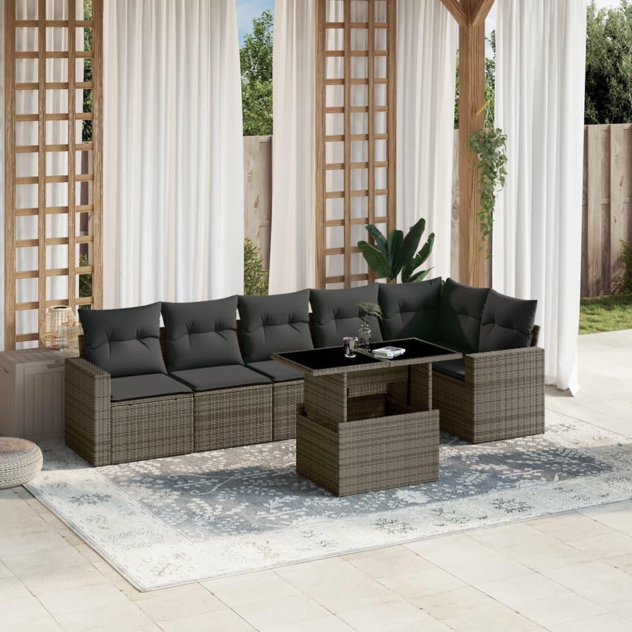 VIDAXL Salon de jardin avec coussins 7 pcs gris resine tressee