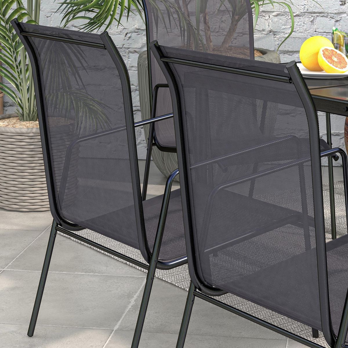 OUTSUNNY Ensemble de jardin 6 pers. 6 chaises empilables table plateau verre trempé 5 mm métal époxy textilène noir