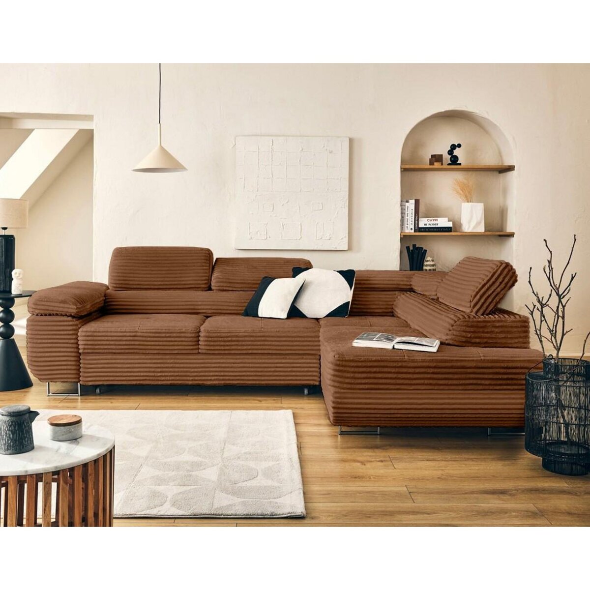 LISA DESIGN Zaria - canapé d'angle droit 5 places convertible avec coffre et têtières en velours côtelé grosses côtes