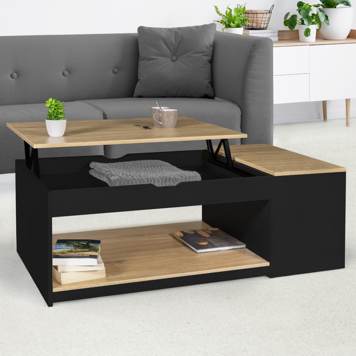 ID MARKET Table basse plateau relevable rectangulaire ELEA avec coffre bois noir et façon hêtre
