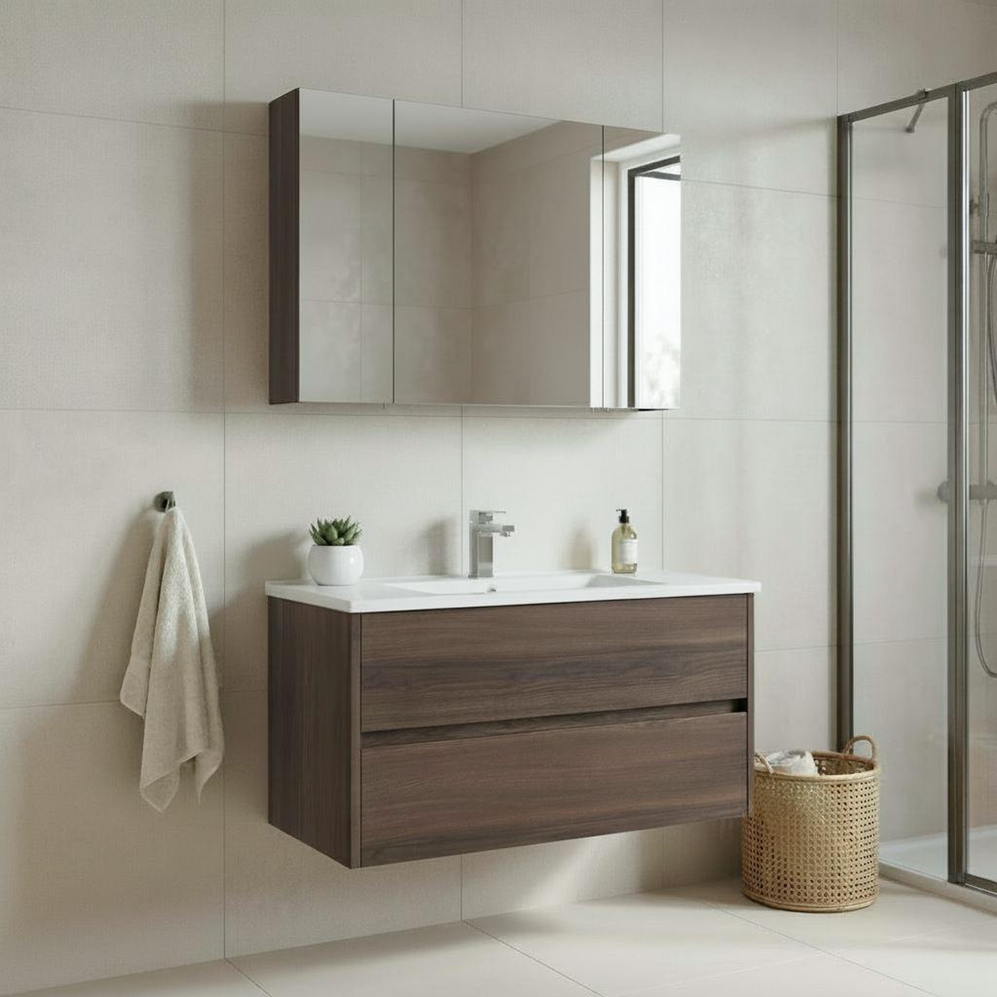Voir la diapositive 2 : Habitat et Jardin Meuble avec simple vasque et miroir  Side 100 v3  - 100 x 16 x 52 cm - Walnut