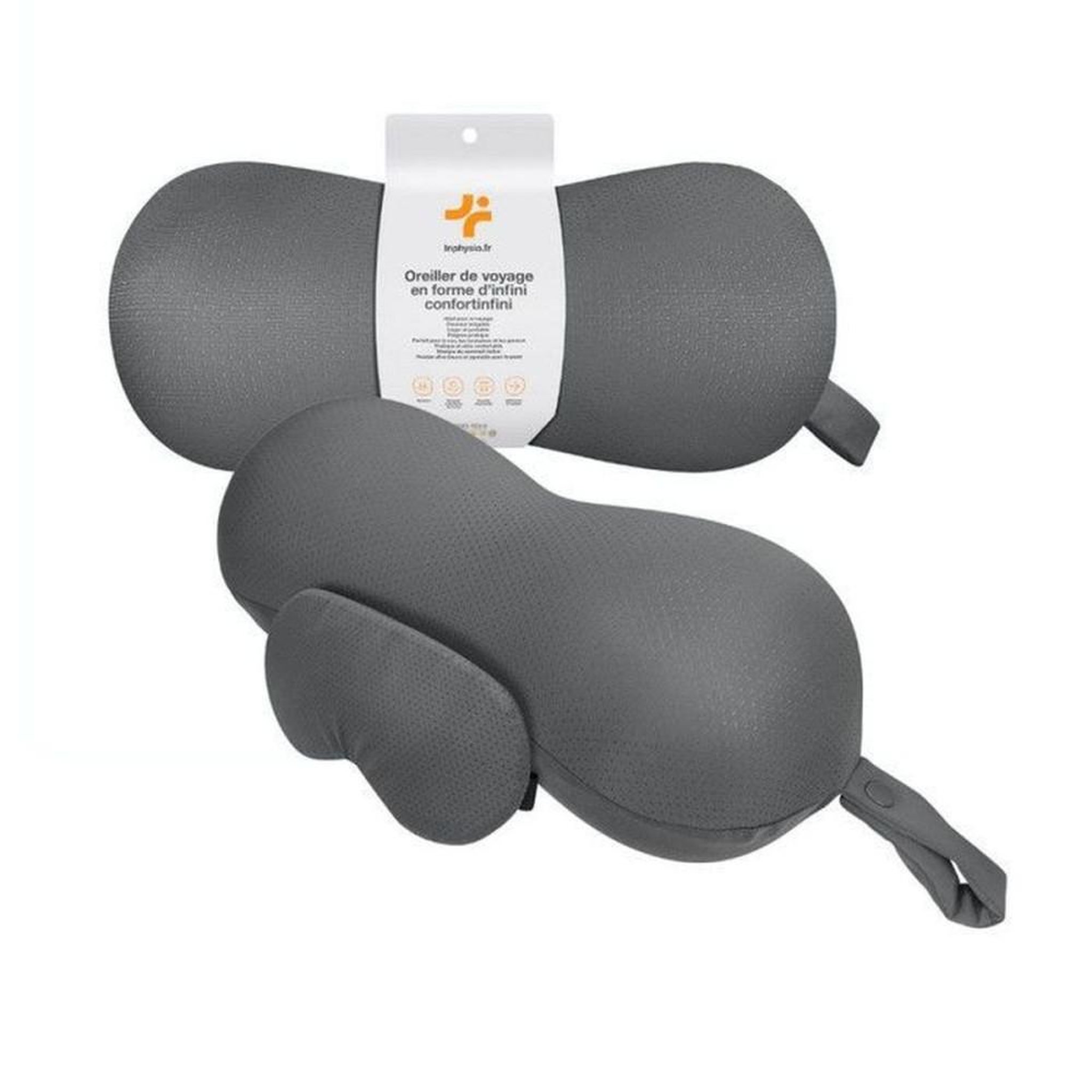 Coussin de cou de voyage en mousse à mémoire de forme gris foncé avec masque de sommeil, housse double face extensible amovible 33 x 13 cm