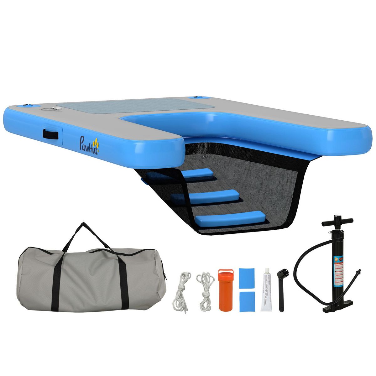 PAWHUT Rampe pour chien - rampe d'eau flottante gonflable pour chien - échelle flottante pour bateaux - surface antidérapante bleu gris