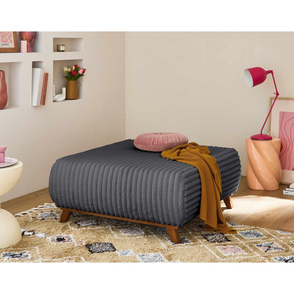 BEST MOBILIER Cristal - canapé 3 places - convertible avec coffre et grand pouf - en fausse fourrure côtelée