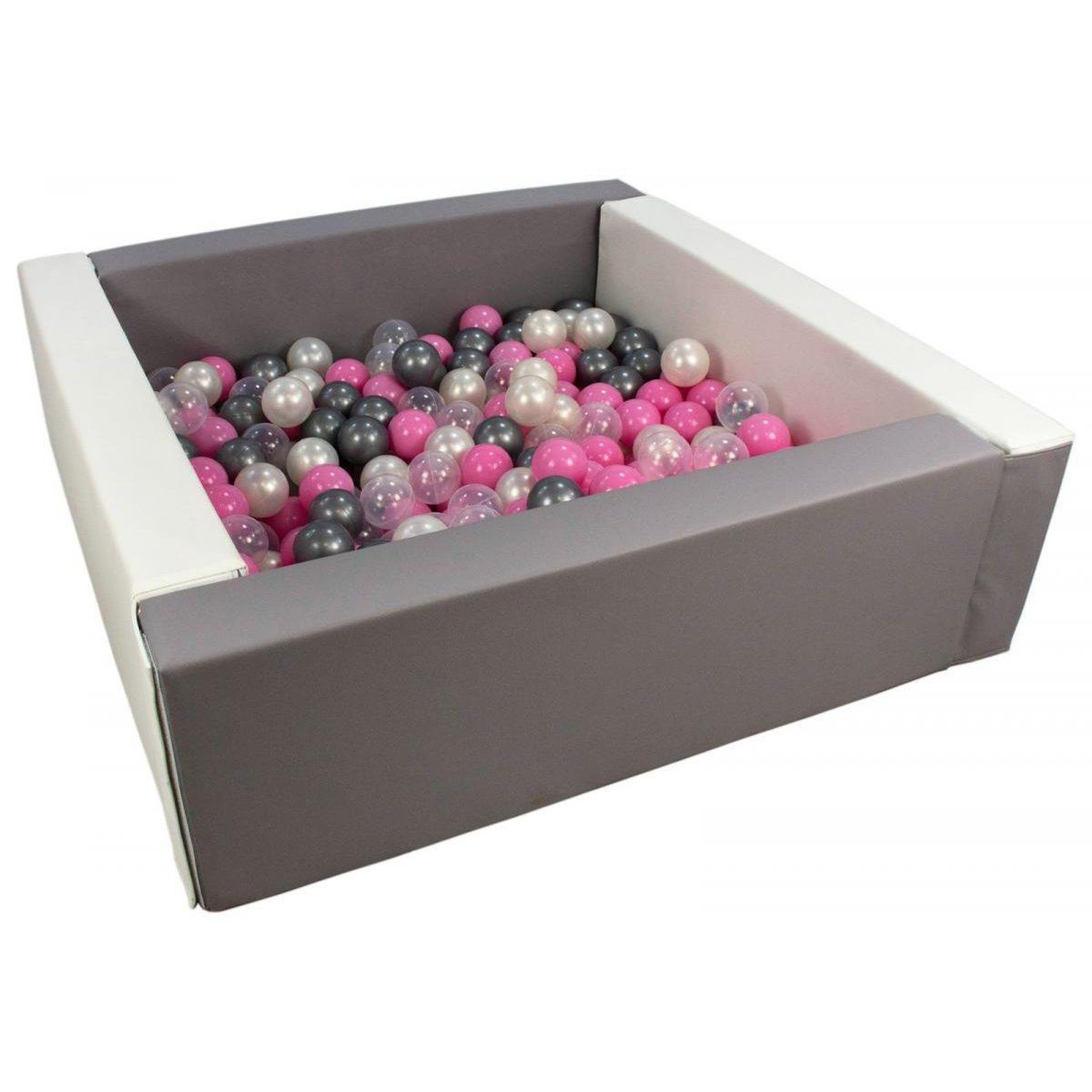 VELINDA Piscine à balles carrée avec 200 balles - blanc, gris/perle, transparent, rose clair, argent