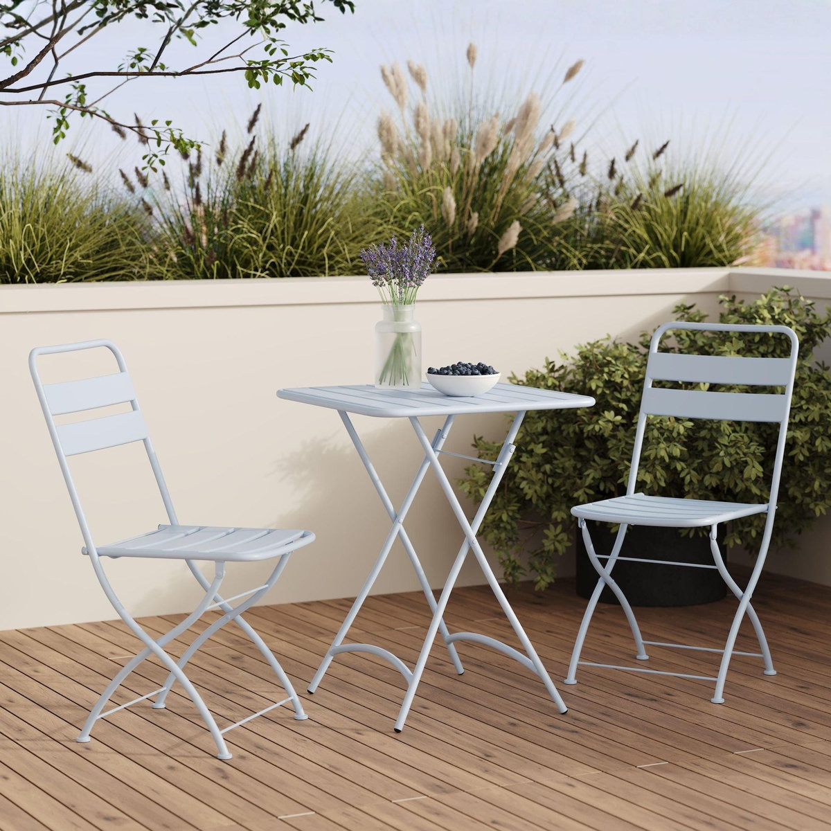 Rendez vous déco Table et chaises de jardin pliantes 2 personnes en métal bleu-Yumi