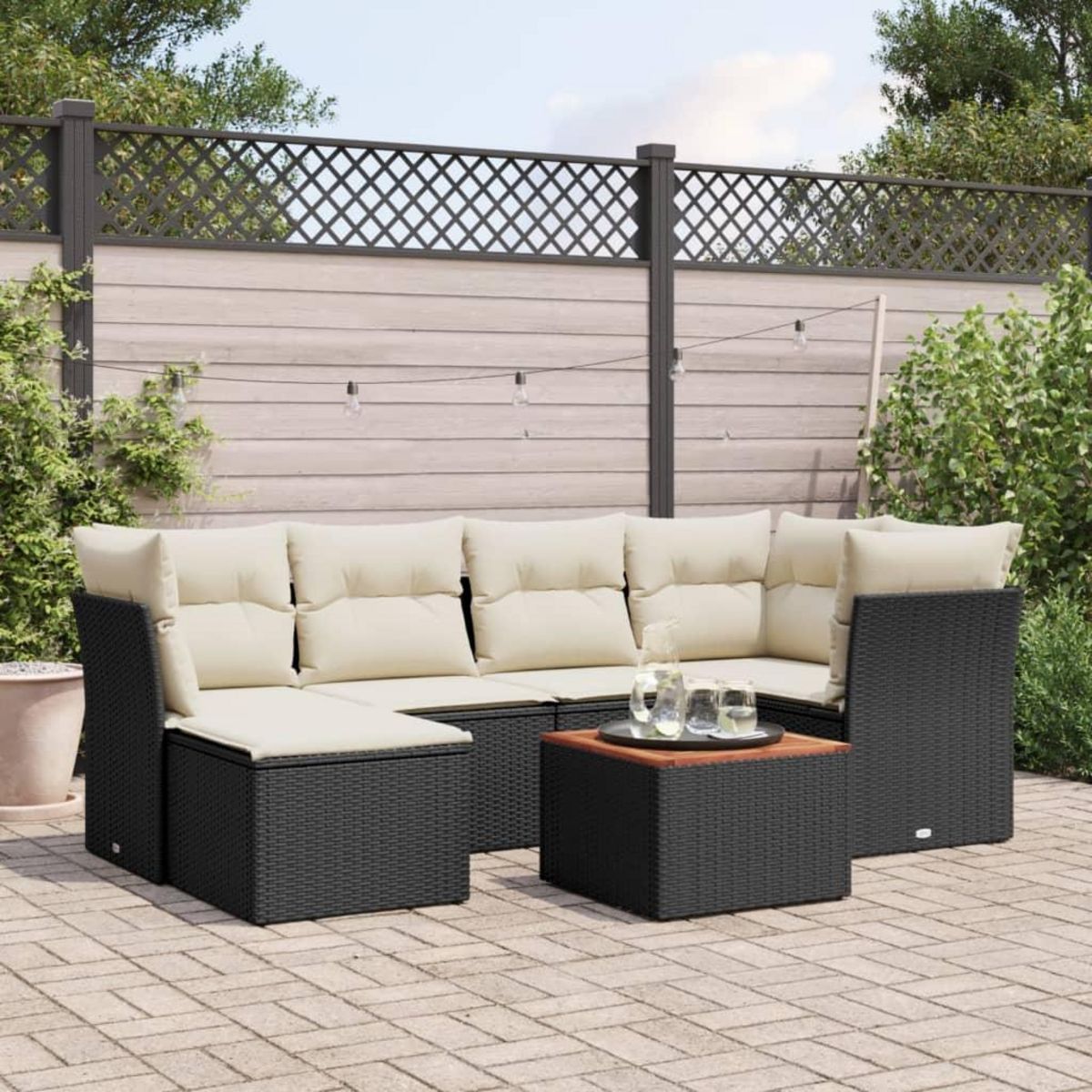 VIDAXL Salon de jardin 7 pcs avec coussins noir resine tressee