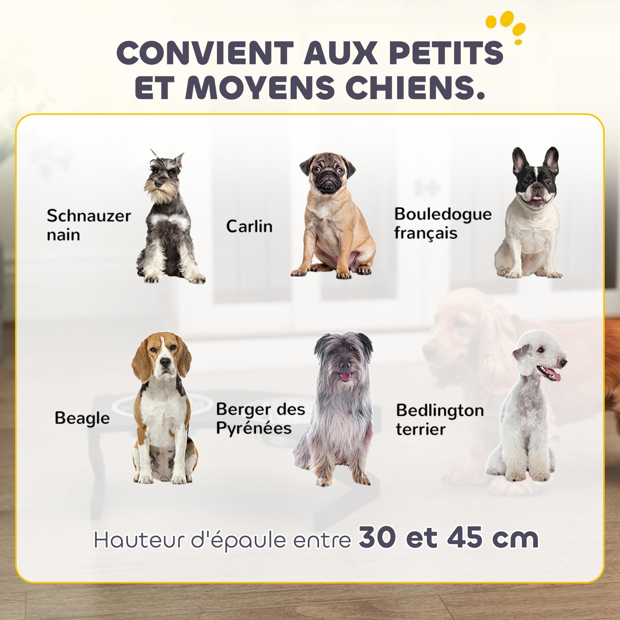 Voir la diapositive 6 : PAWHUT Porte-gamelles surélevé 2 écuelles une anti-glouton acier inox MDF noir