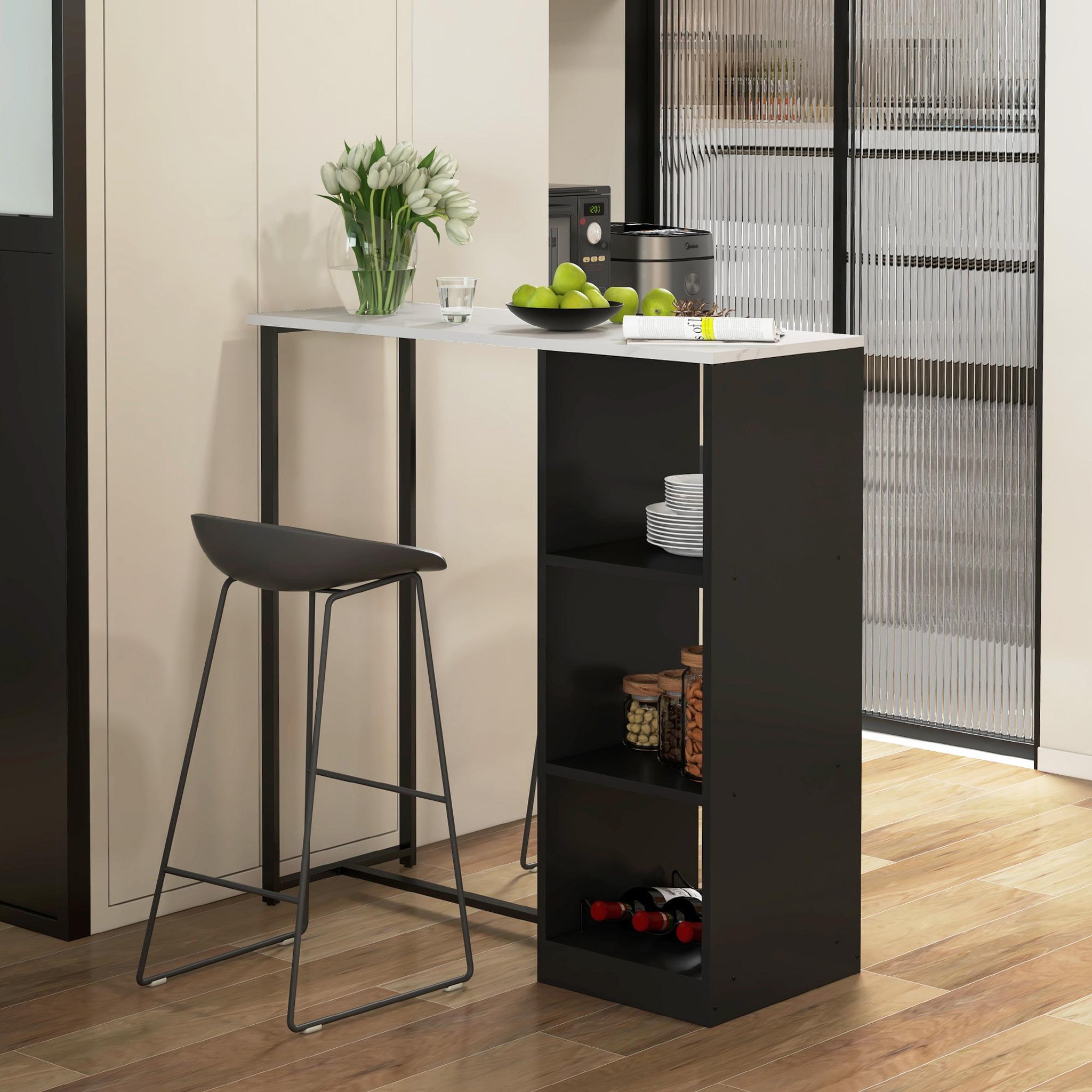 Voir la diapositive 2 : HOMCOM Table de bar design contemporain - table haute 3 niches avec range-bouteilles - acier panneaux noir aspect marbre blanc