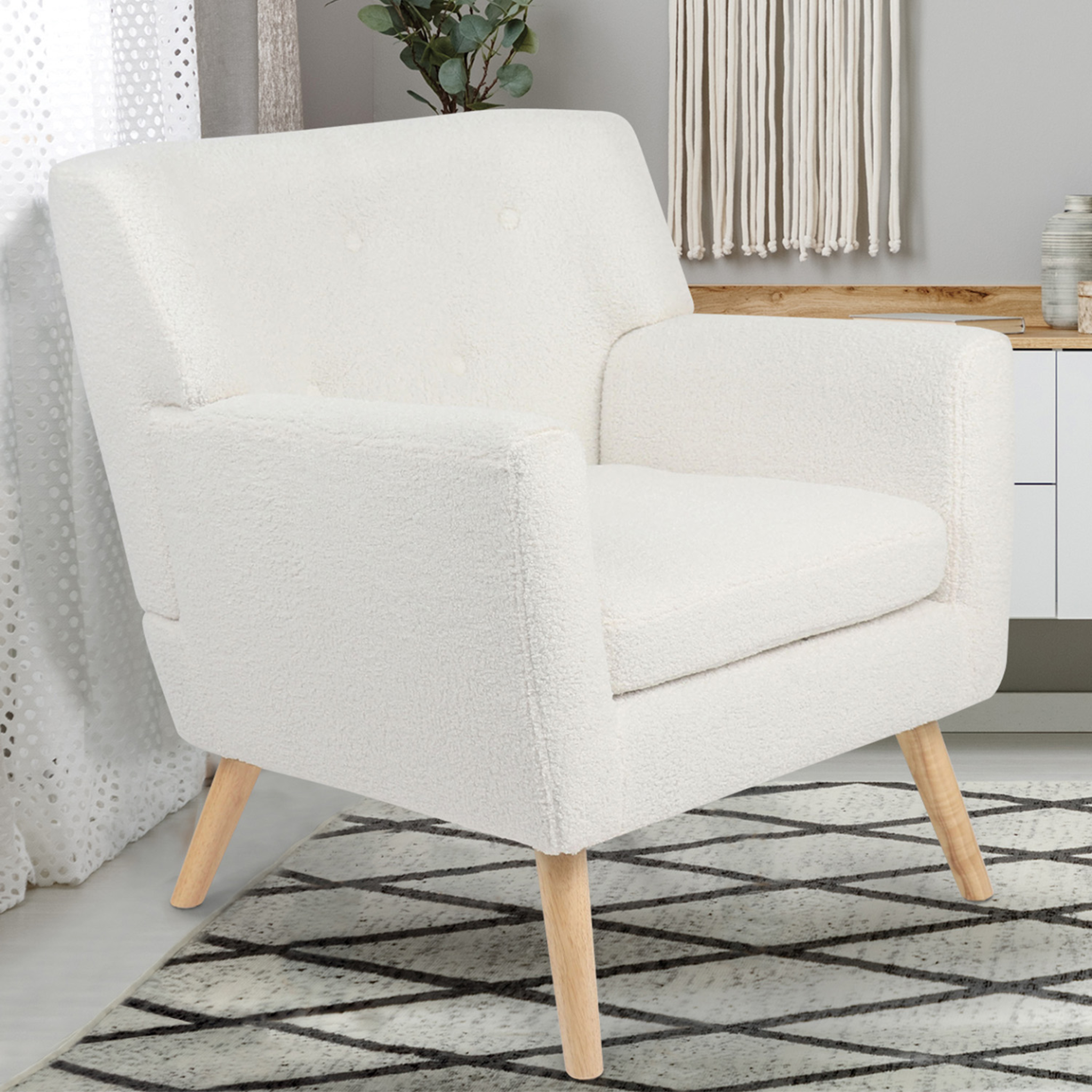 Voir la diapositive 2 : ID MARKET Fauteuil scandinave liv en tissu bouclette blanc