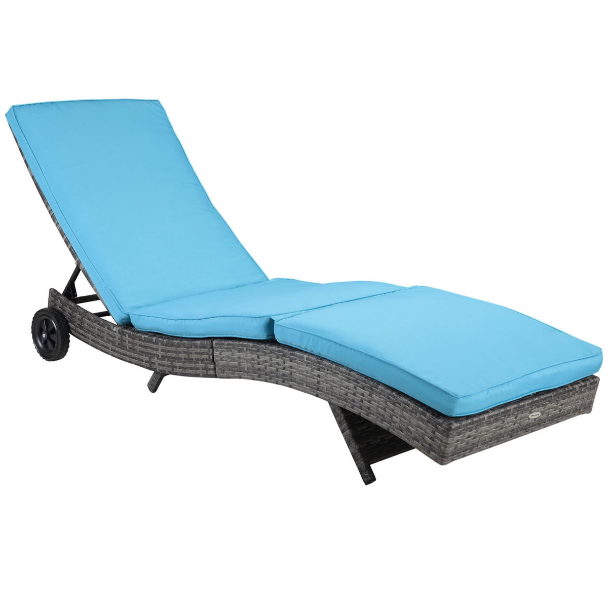 OUTSUNNY Bain de soleil transat grand confort - dossier inclinable 5 positions roulettes - matelas déhoussable inclus - résine tressée bleu