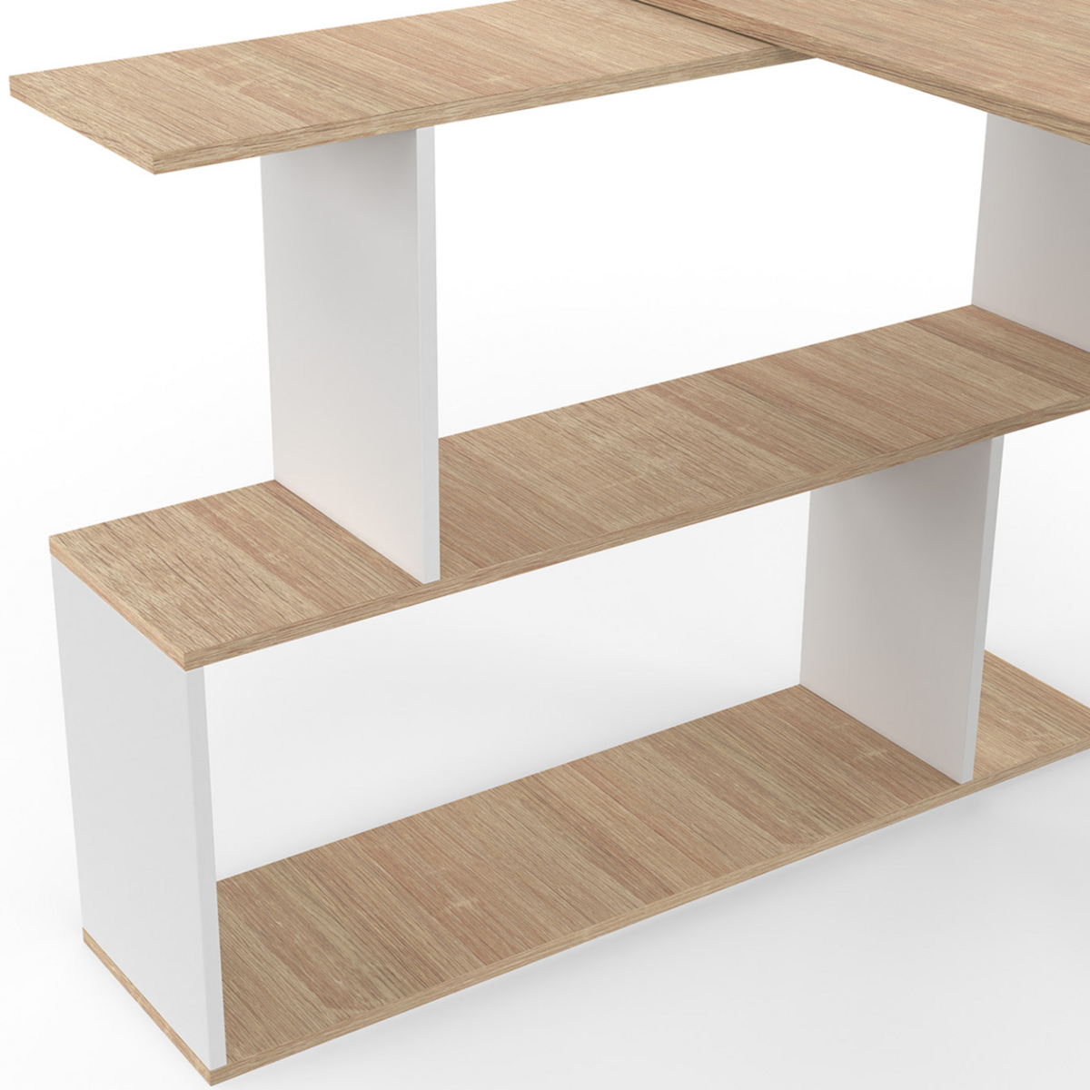 ID MARKET Bureau d'angle rotatif 180° JOY étagère forme S bois façon hêtre et blanc